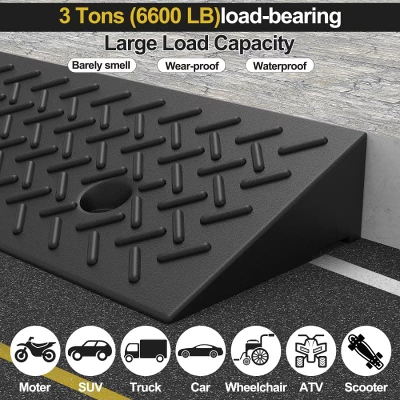 2 Pcs 2" Rubber Curb Ramp Threshold Ramps Heavy Duty 3 Ton Capacity Car Driveway - Thumbnail 5
