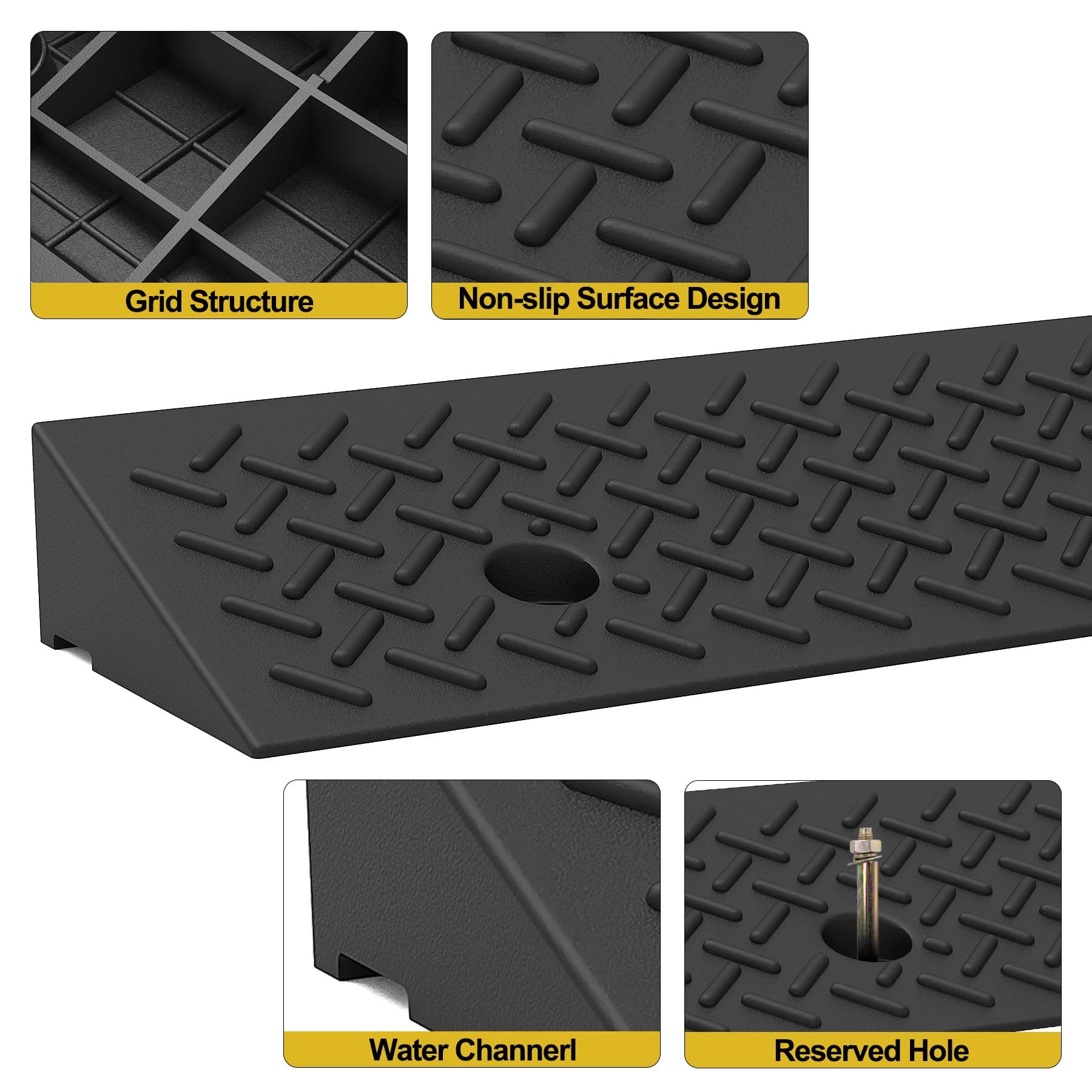 2 Pcs 2" Rubber Curb Ramp Threshold Ramps Heavy Duty 3 Ton Capacity Car Driveway - Thumbnail 3