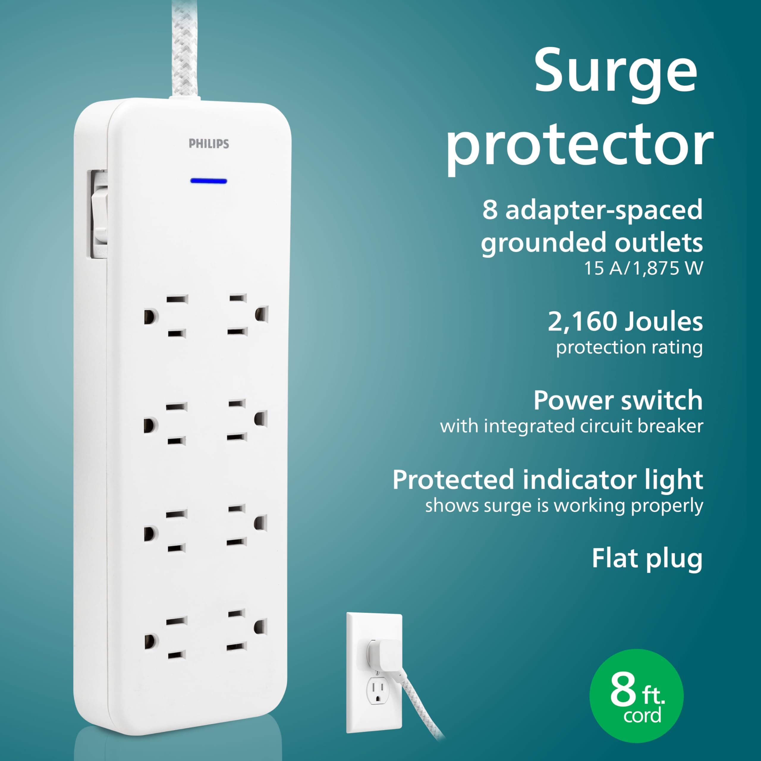 Philips EZFit 8-Outlet Surge Protector Power Strip 8ft Braided Extension Cord Wi - Thumbnail 2