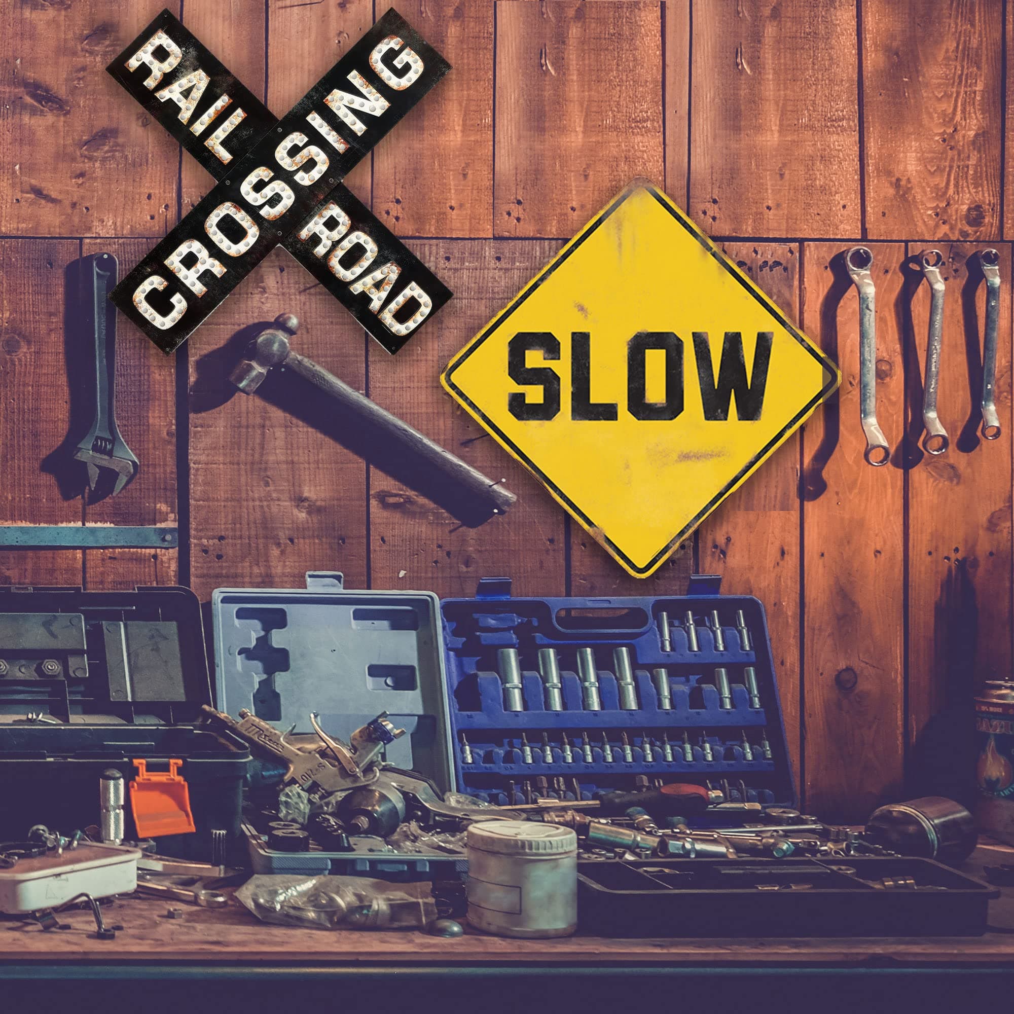 Railroad Crossing Prismatic Embossed Metal Sign - Vintage Garage Decor 20"x20" - Thumbnail 4