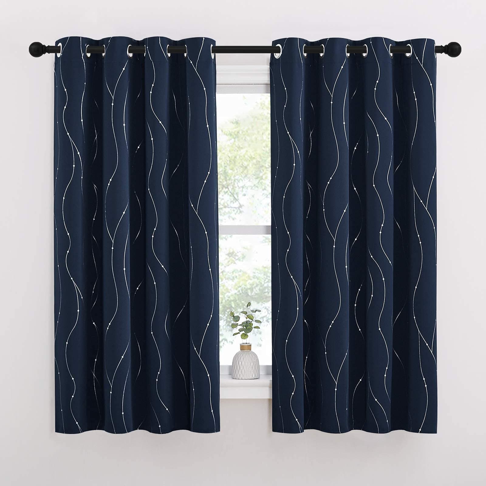 StangH Navy Blue Blackout Curtains Silver Wave Dots Print Thermal Insulated Grom - Thumbnail 2