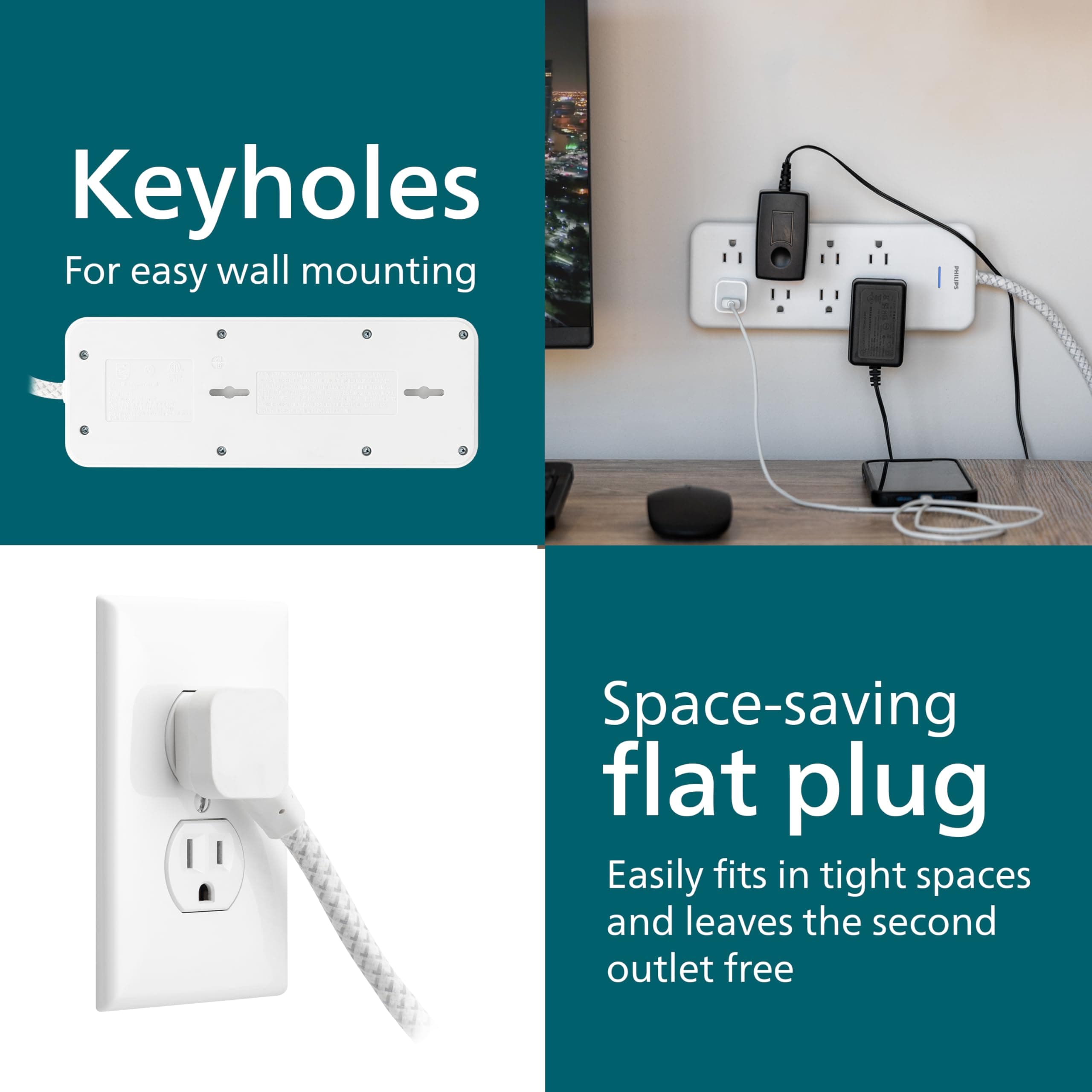 Philips EZFit 8-Outlet Surge Protector Power Strip 8ft Braided Extension Cord Wi - Thumbnail 6