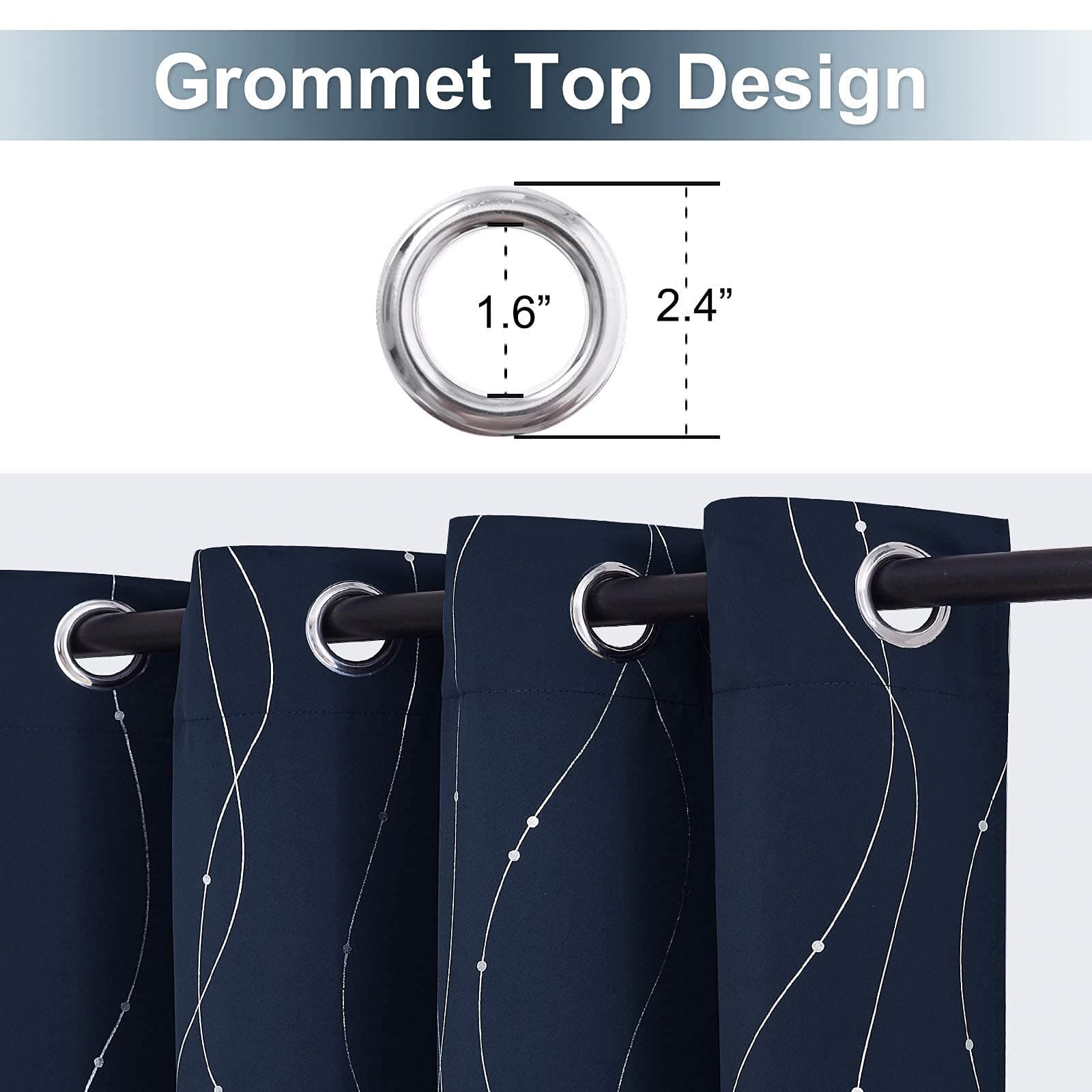 StangH Navy Blue Blackout Curtains Silver Wave Dots Print Thermal Insulated Grom - Thumbnail 3