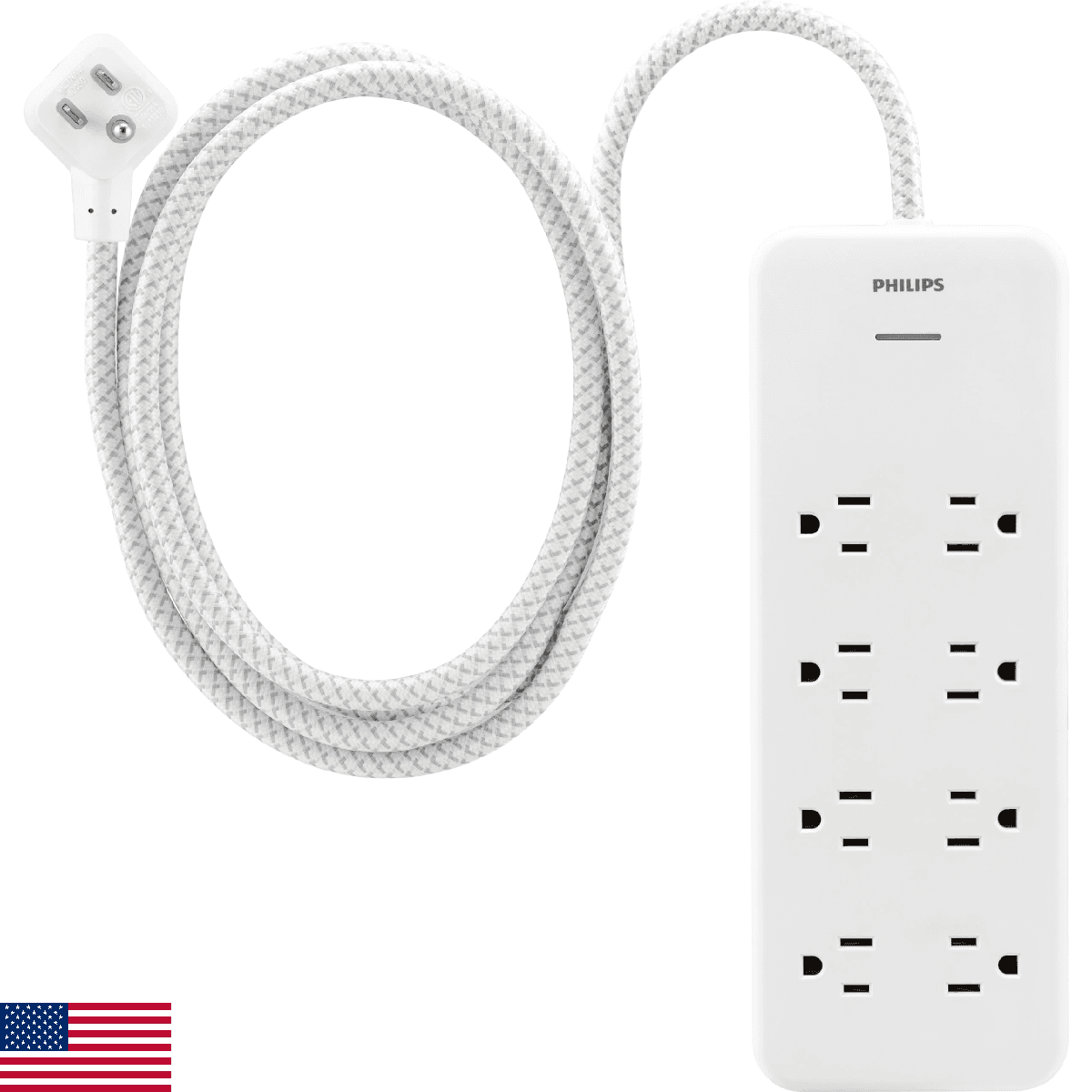 Philips EZFit 8-Outlet Surge Protector Power Strip 8ft Braided Extension Cord Wi - Image 1
