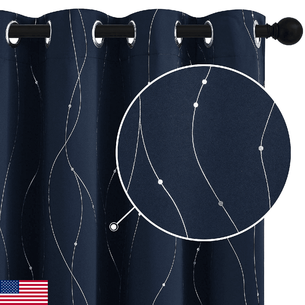 StangH Navy Blue Blackout Curtains Silver Wave Dots Print Thermal Insulated Grom - Image 1