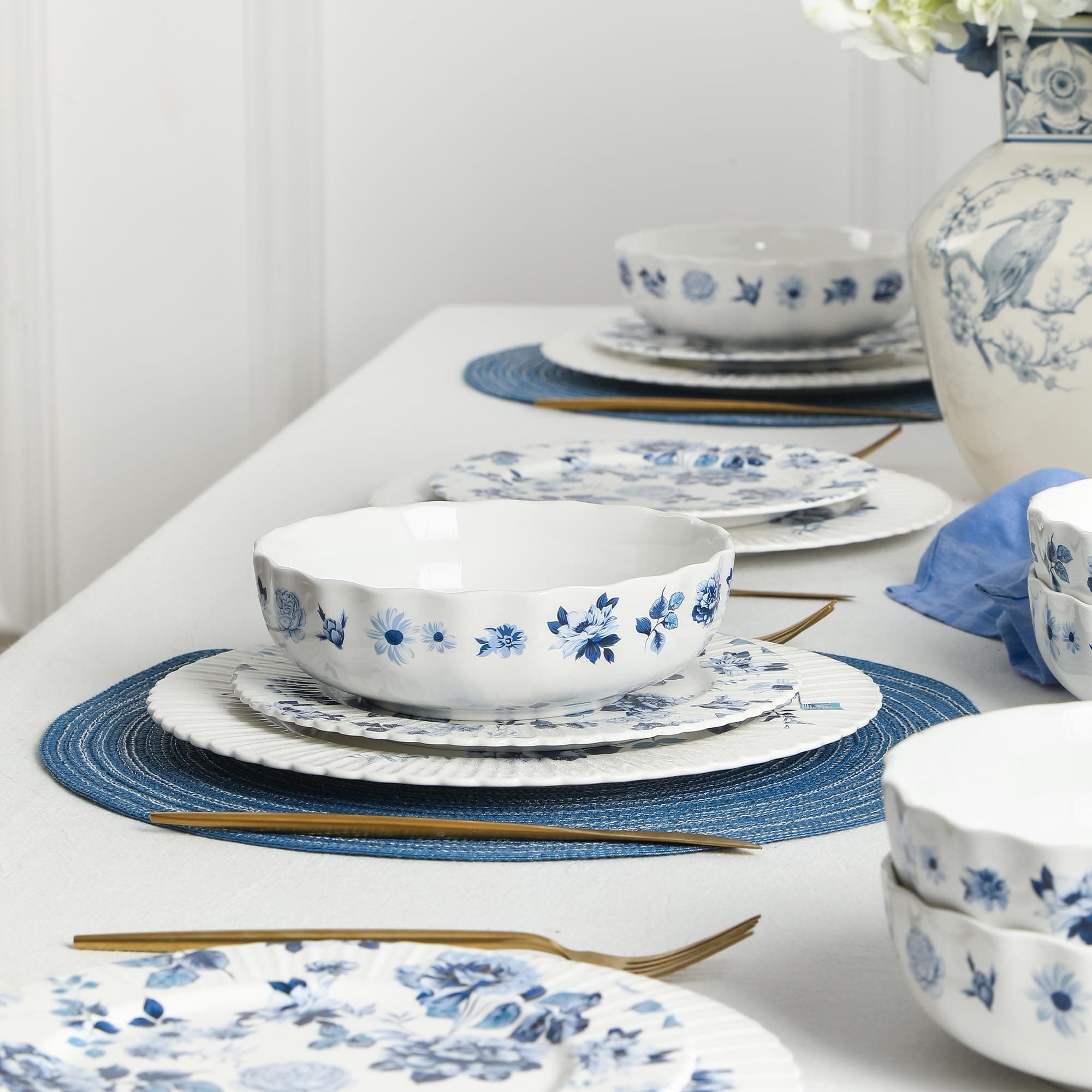 Stone Lain Fiore 4-Piece Bowl Set New Bone China, Blue - Thumbnail 5