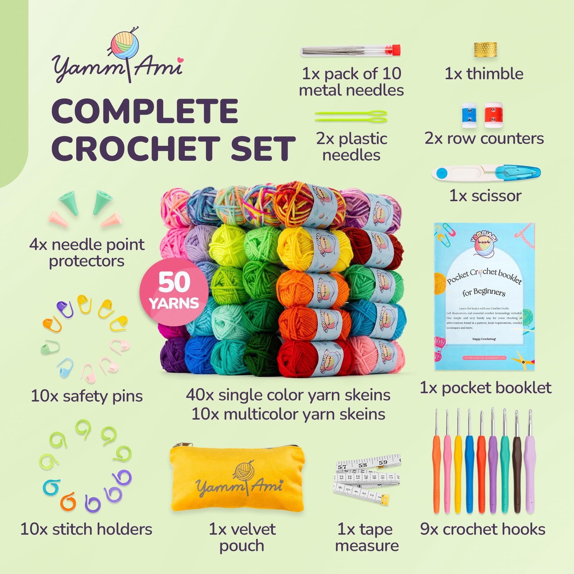 YammiAmi 1,800 Yards Beginner Crochet Kit for Adults, 103-Piece Starter Set with - Thumbnail 2