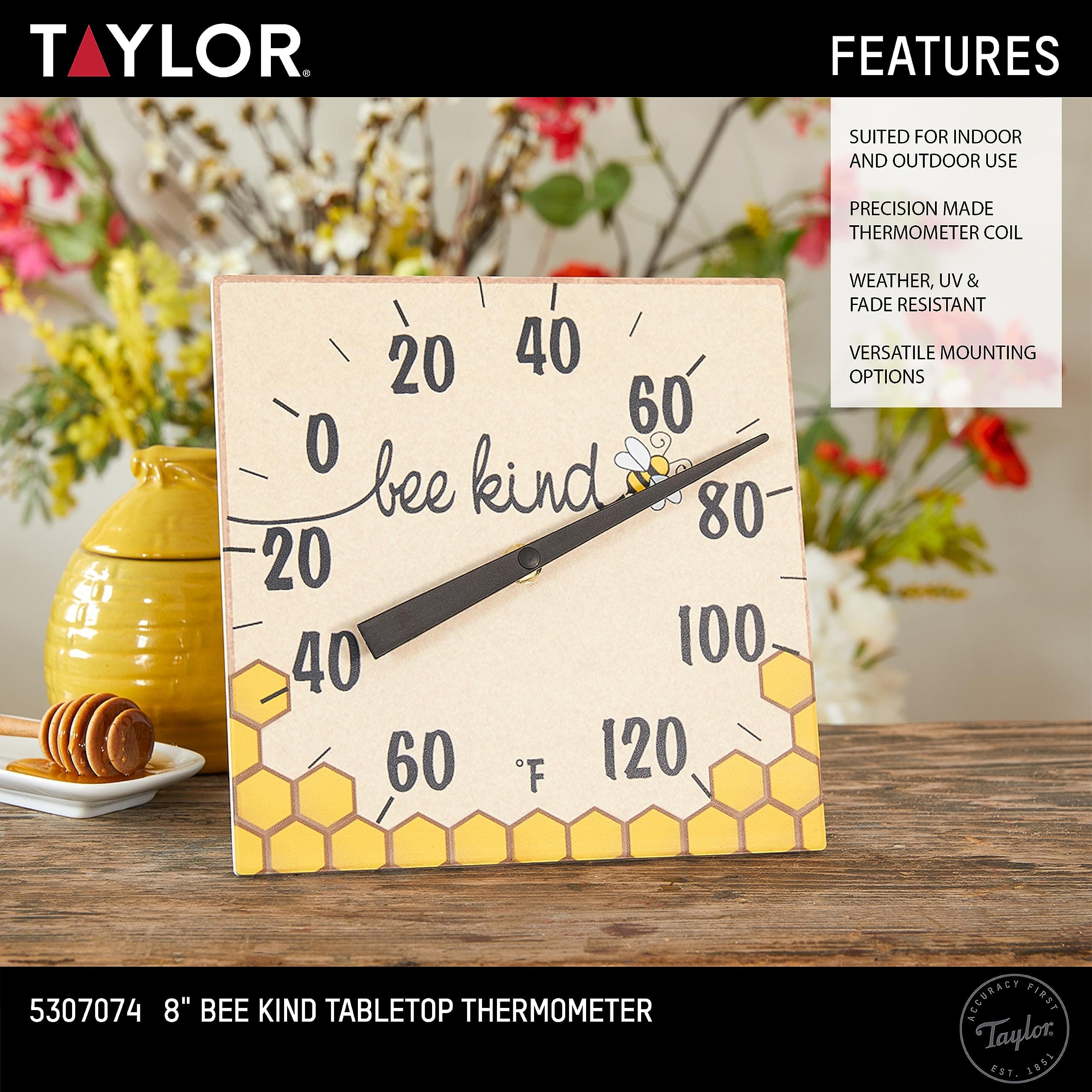 Taylor Bee Kind Indoor Outdoor Tabletop Thermometer, Decor for Patio, Pool, or G - Thumbnail 2