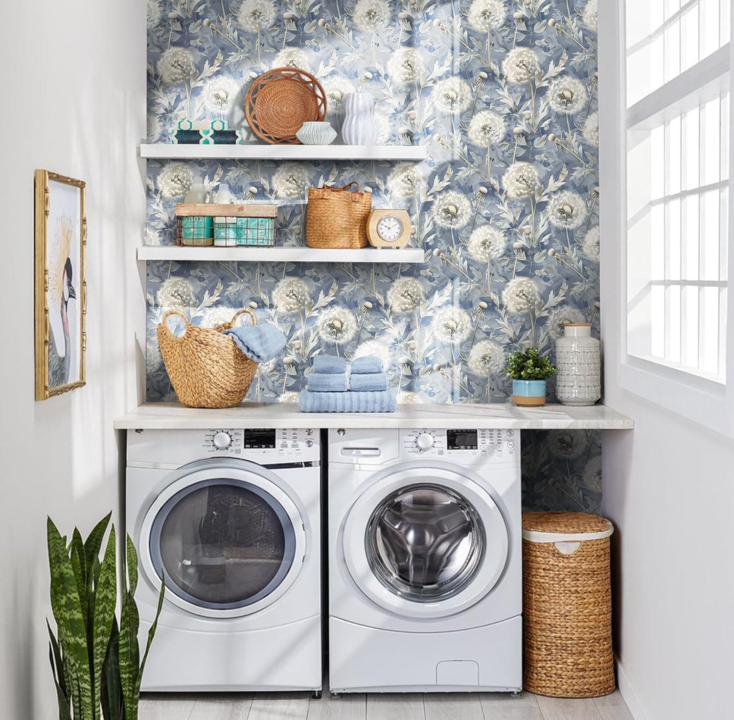 Jeweluck Dandelion Peel and Stick Wallpaper Blue Floral Contact Paper 16.9inx393 - Thumbnail 3