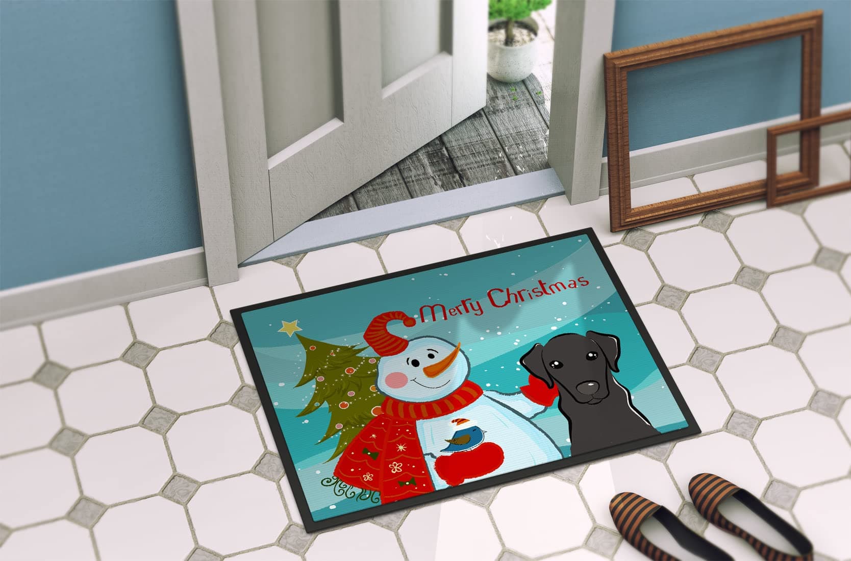 Caroline's Treasures BB1855JMAT Snowman with Black Labrador Doormat 24x36 Front - Thumbnail 4