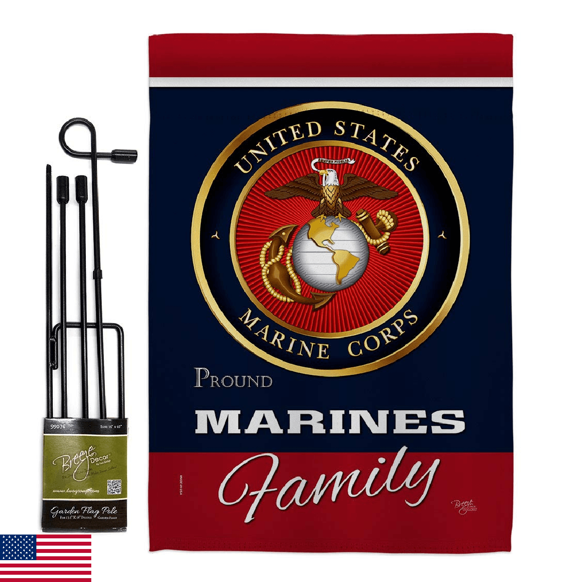 Marines Proudly Family Garden Flag - Set with Stand Armed Forces Marine Corps US - Image 1