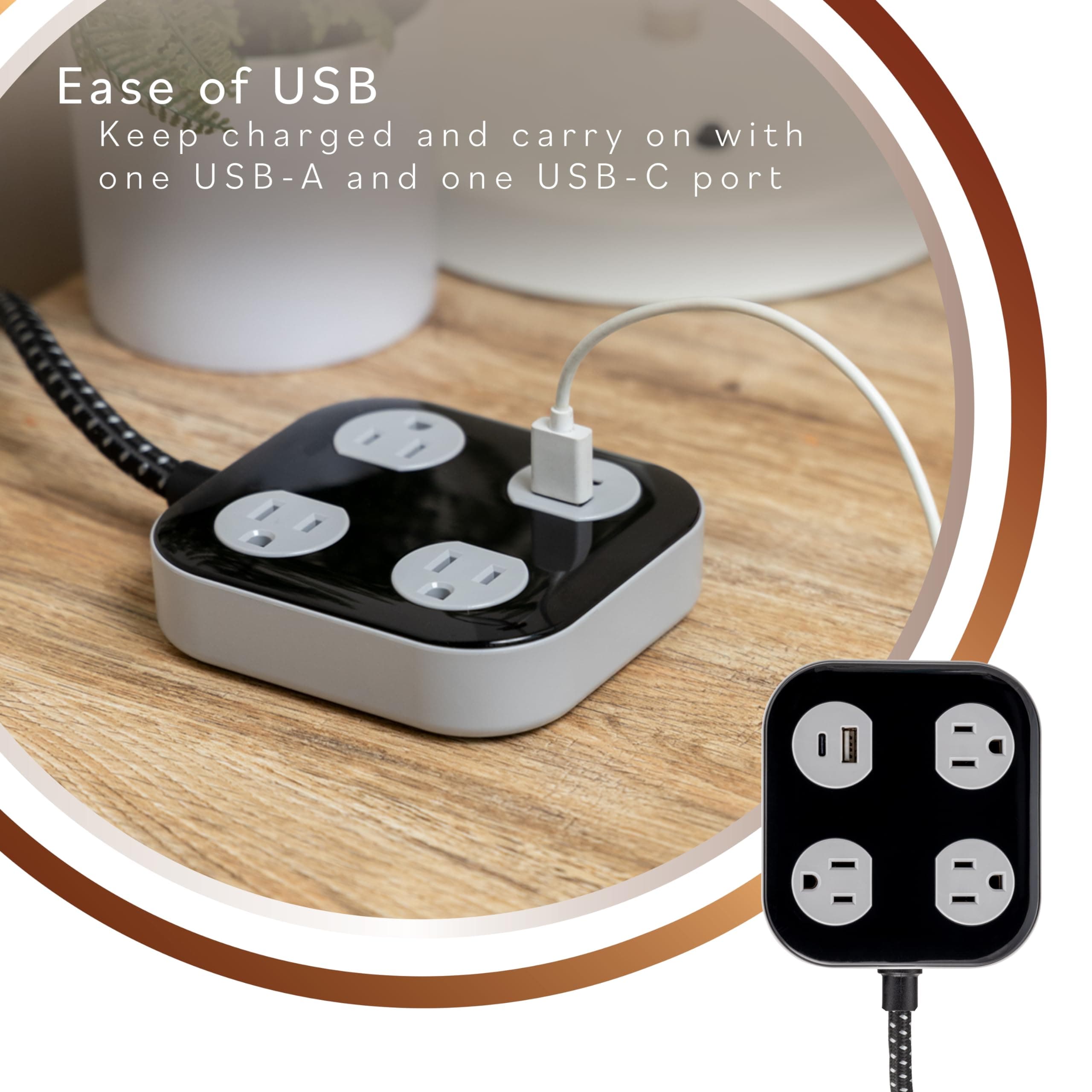 Cordinate Adapt 3 Outlet Surge Protector, 4 Ft Power Strip Extension Cord, USB P - Thumbnail 6