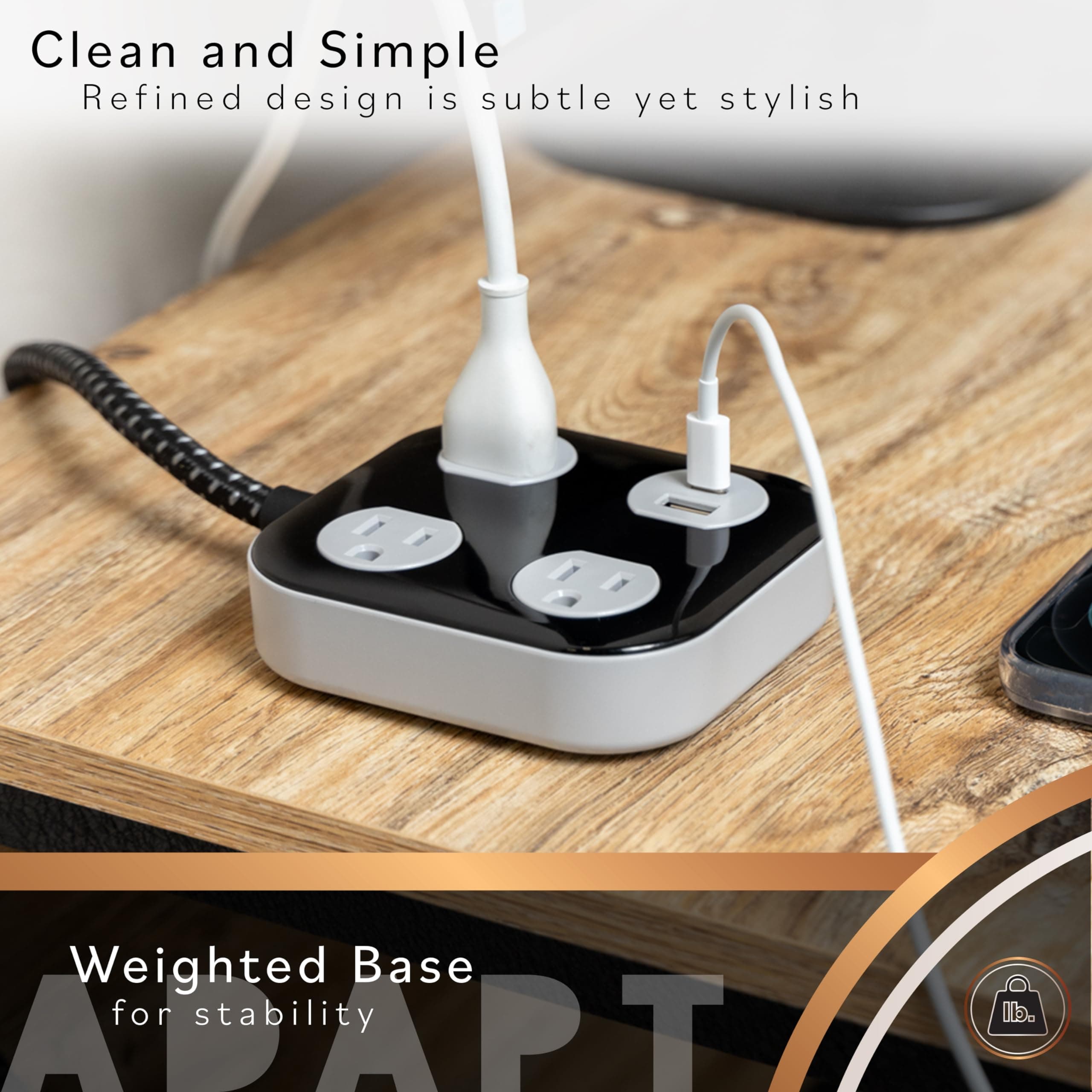 Cordinate Adapt 3 Outlet Surge Protector, 4 Ft Power Strip Extension Cord, USB P - Thumbnail 5