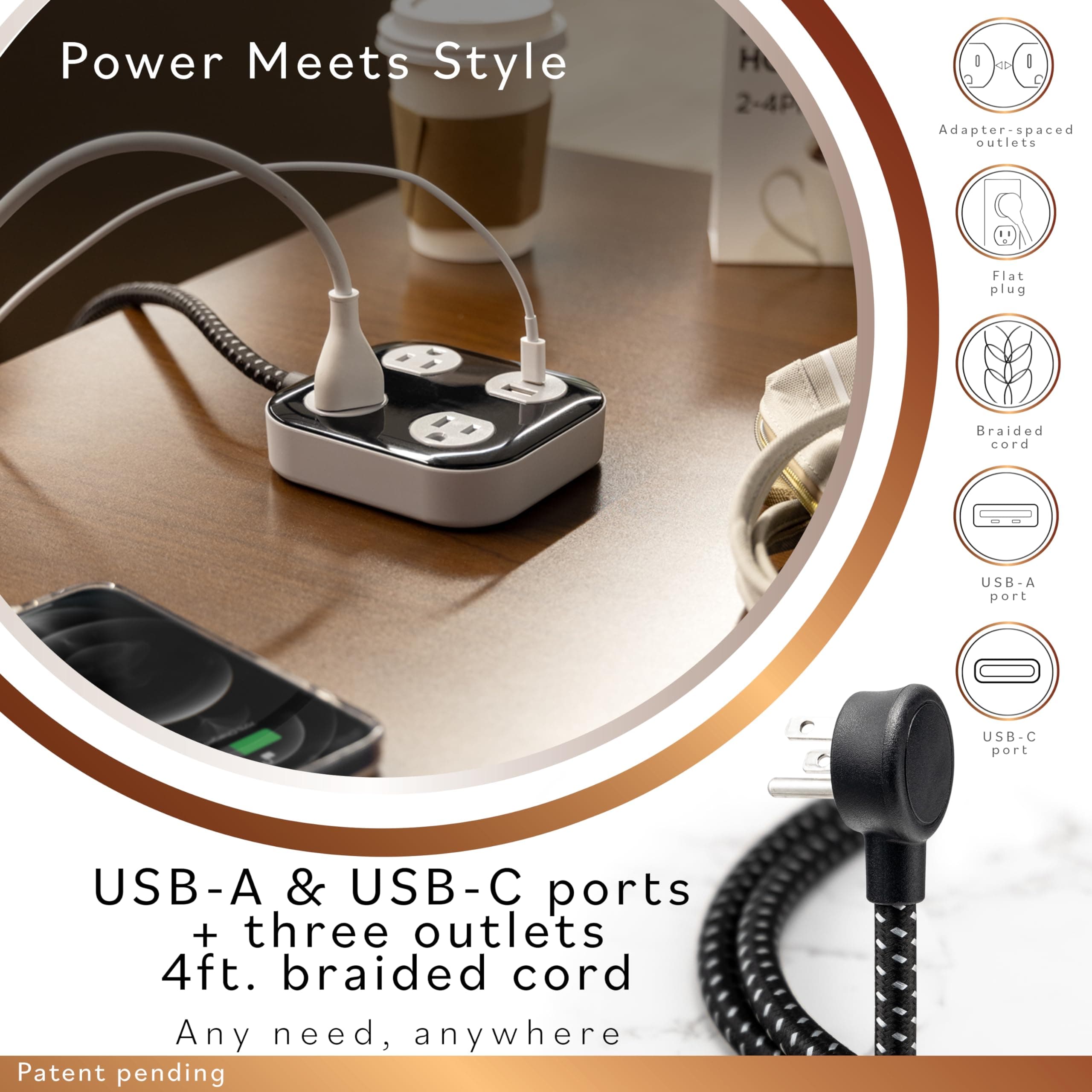Cordinate Adapt 3 Outlet Surge Protector, 4 Ft Power Strip Extension Cord, USB P - Thumbnail 3