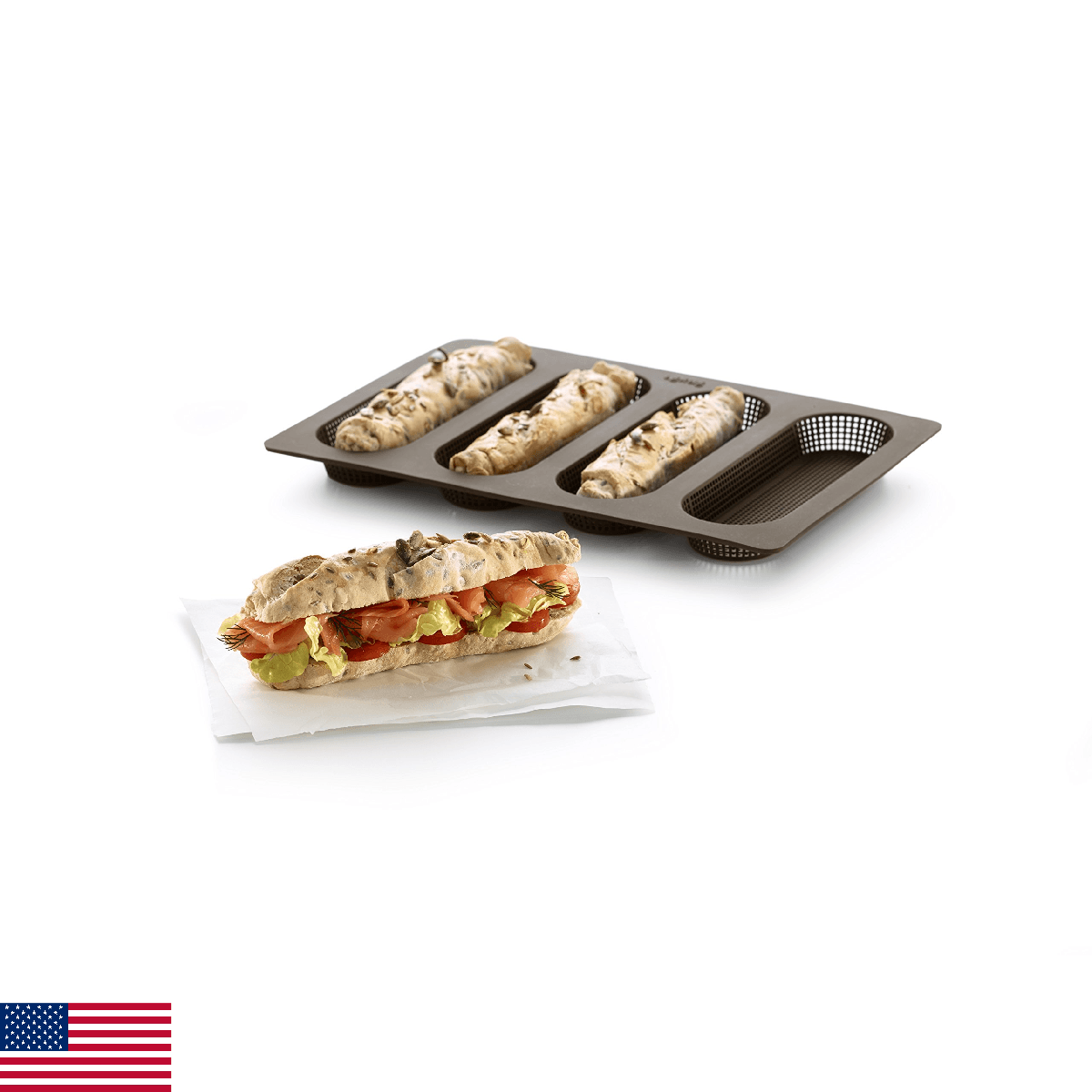 Lekue 4 Cavity Micro Perforated Mini Baguette Baking Pan, Brown - Image 1