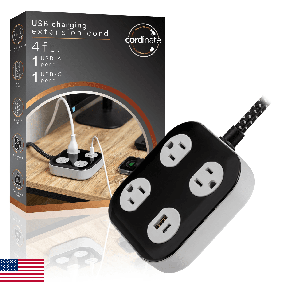 Cordinate Adapt 3 Outlet Surge Protector, 4 Ft Power Strip Extension Cord, USB P - Image 1