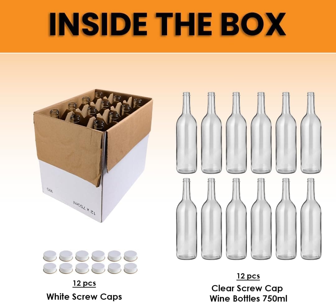 FastRack 750ml Clear Glass Wine Bottles with White Metal Screw Caps (Pack of 12) - Thumbnail 2