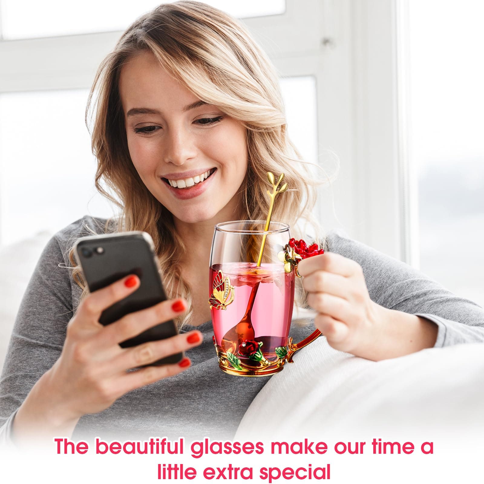 Mimorou 4 Pcs Butterfly Glass Tea Cups Sets for Mother's Day Tea Cup with Spoon - Thumbnail 6