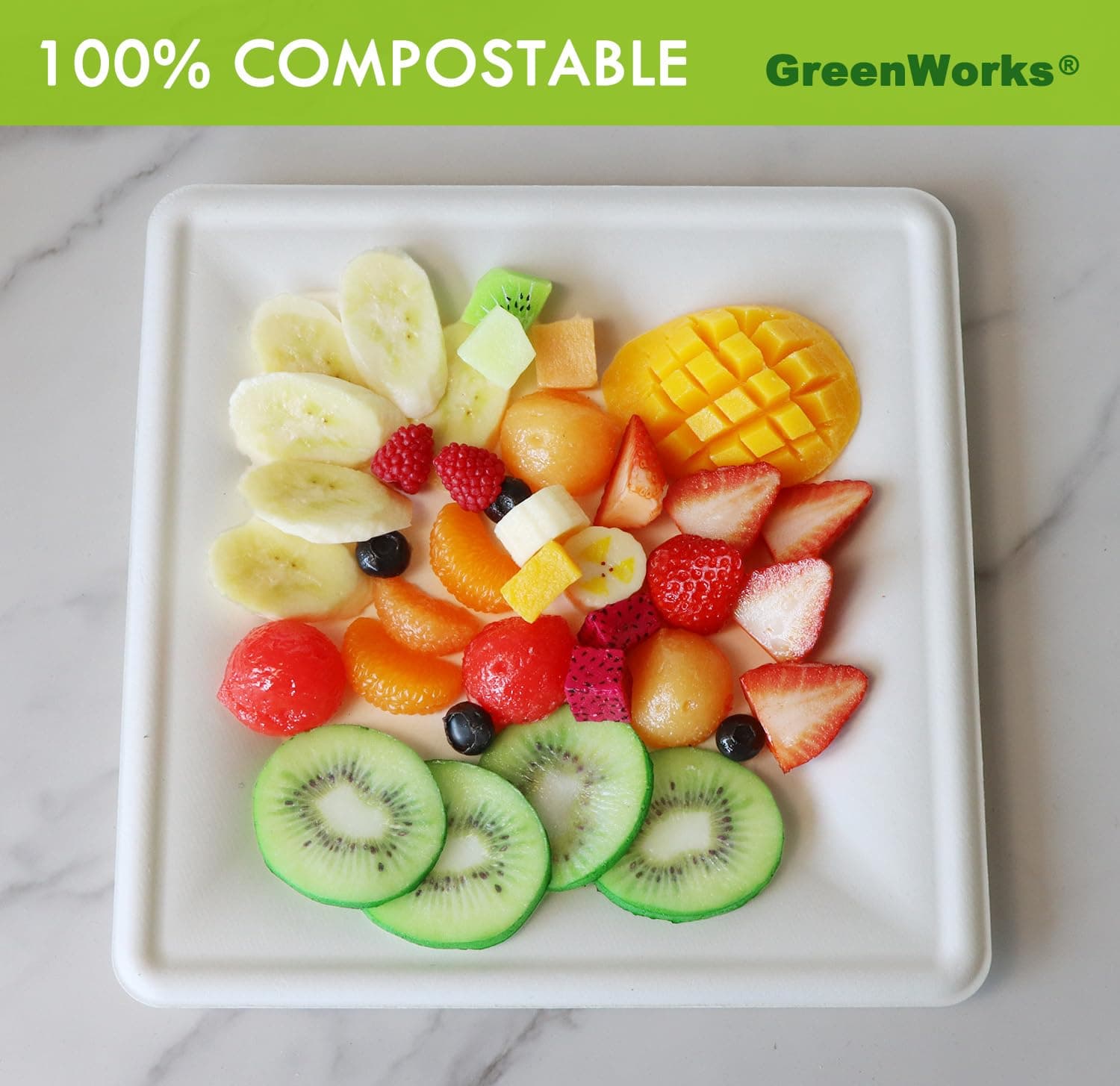 GreenWorks 100 Count 10 Inch Large Square Compostable plates, Biodegradable Baga - Thumbnail 2
