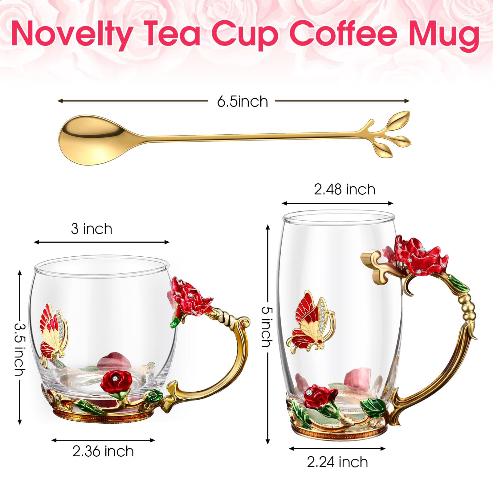 Mimorou 4 Pcs Butterfly Glass Tea Cups Sets for Mother's Day Tea Cup with Spoon - Thumbnail 2