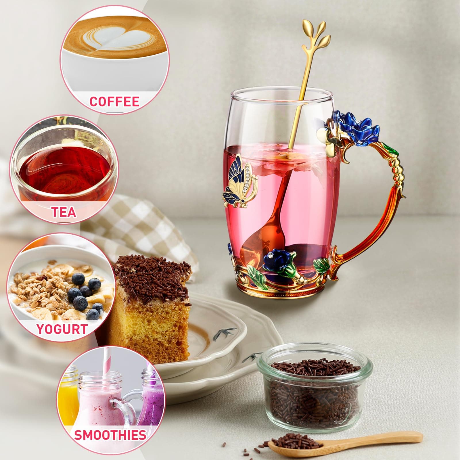 Mimorou 4 Pcs Butterfly Glass Tea Cups Sets for Mother's Day Tea Cup with Spoon - Thumbnail 4