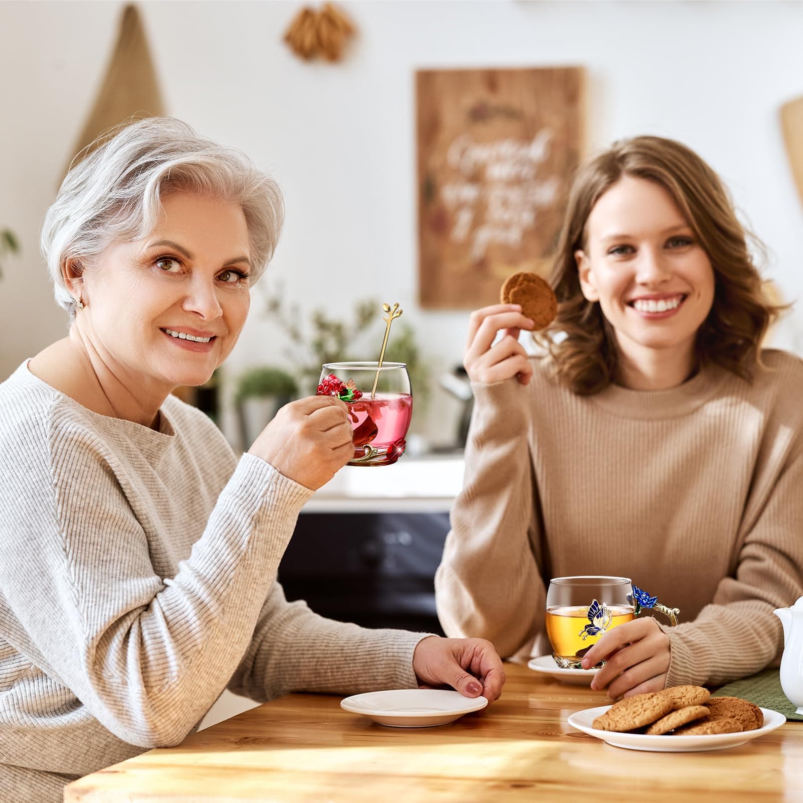 Mimorou 4 Pcs Butterfly Glass Tea Cups Sets for Mother's Day Tea Cup with Spoon - Thumbnail 5