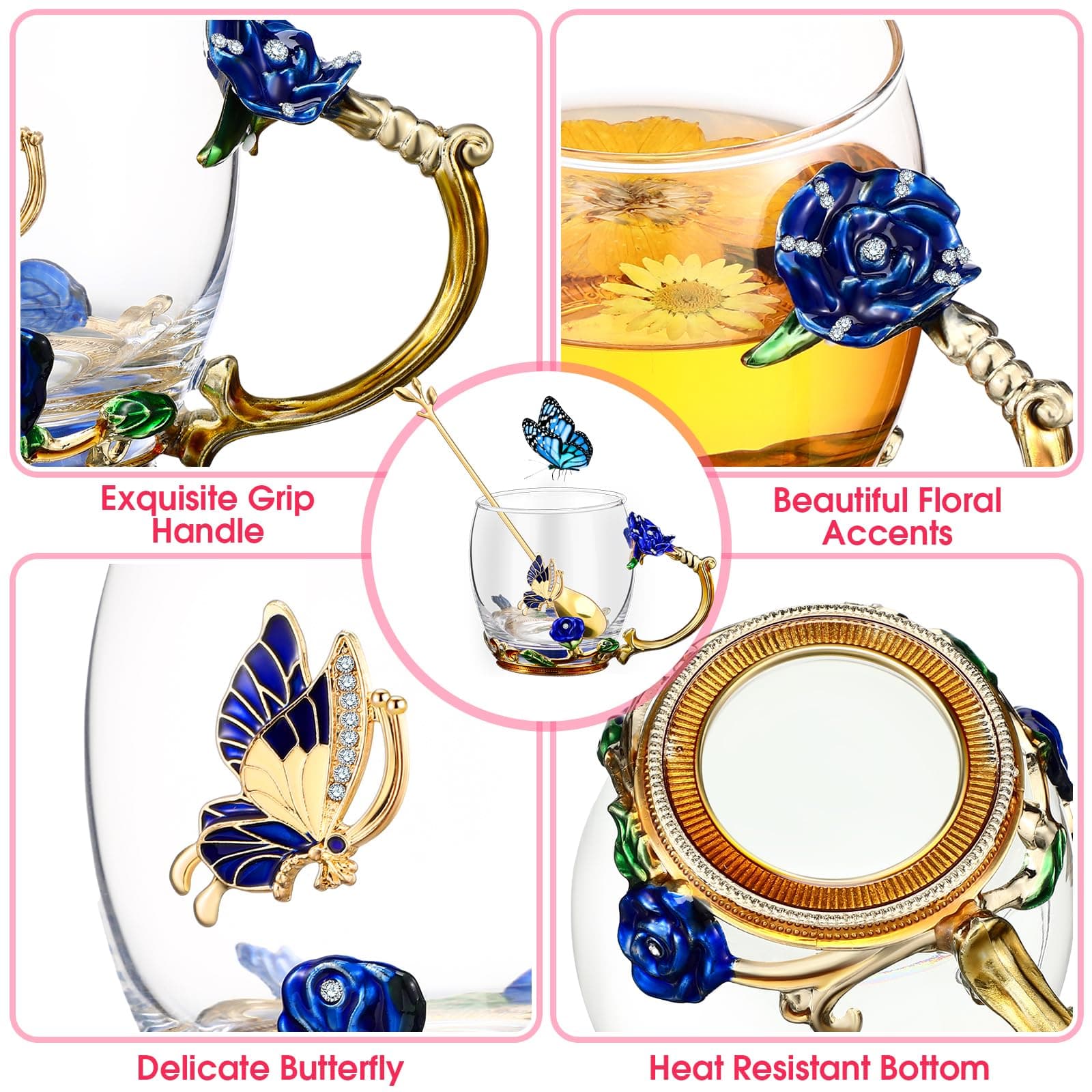 Mimorou 4 Pcs Butterfly Glass Tea Cups Sets for Mother's Day Tea Cup with Spoon - Thumbnail 3