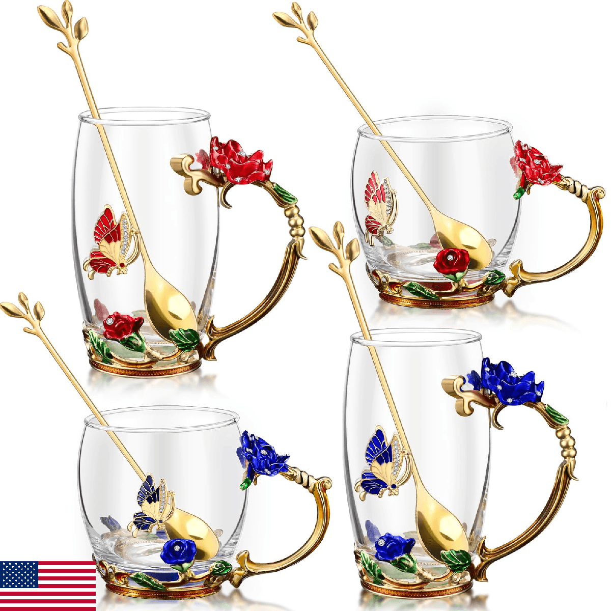 Mimorou 4 Pcs Butterfly Glass Tea Cups Sets for Mother's Day Tea Cup with Spoon - Image 1