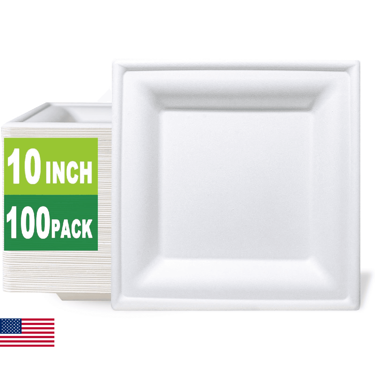 GreenWorks 100 Count 10 Inch Large Square Compostable plates, Biodegradable Baga - Image 1