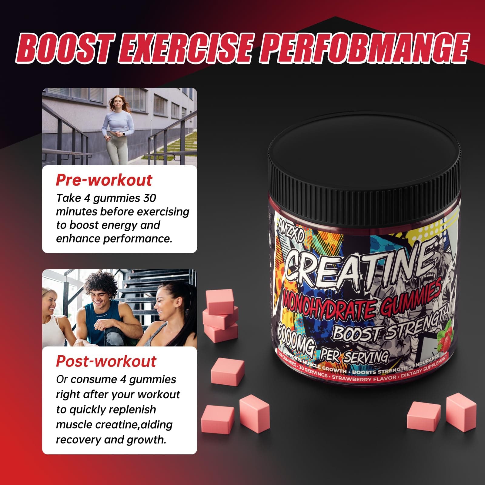 AMZXO Creatine Monohydrate Gummies 6g for Men Women,Complex Creatine Monohydrate - Thumbnail 3