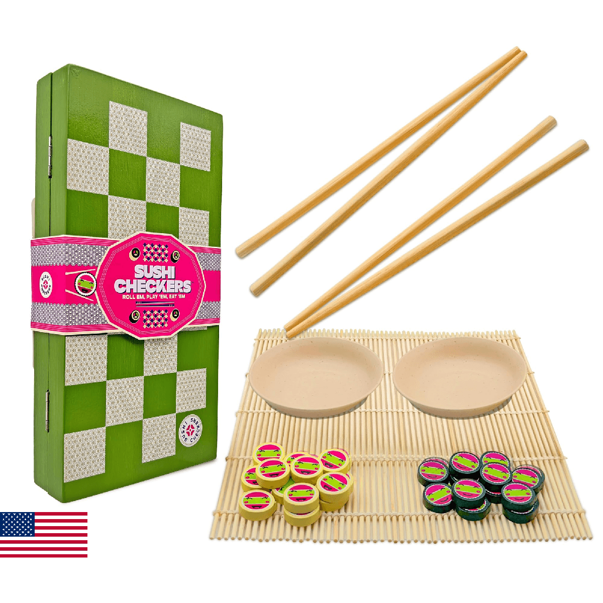 Project Genius: Sushi Checkers - Game & Sushi Making Set, Folding Bamboo Game Bo - Image 1