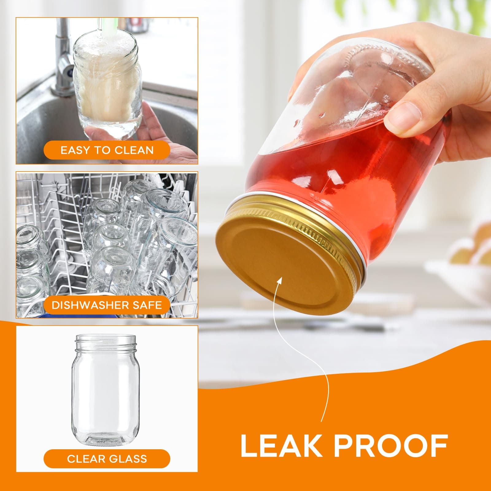 Mcupper 20 Pack 12 oz Mason Jars with Gold Lids, Regular Mouth Glass Canning Jar - Thumbnail 3