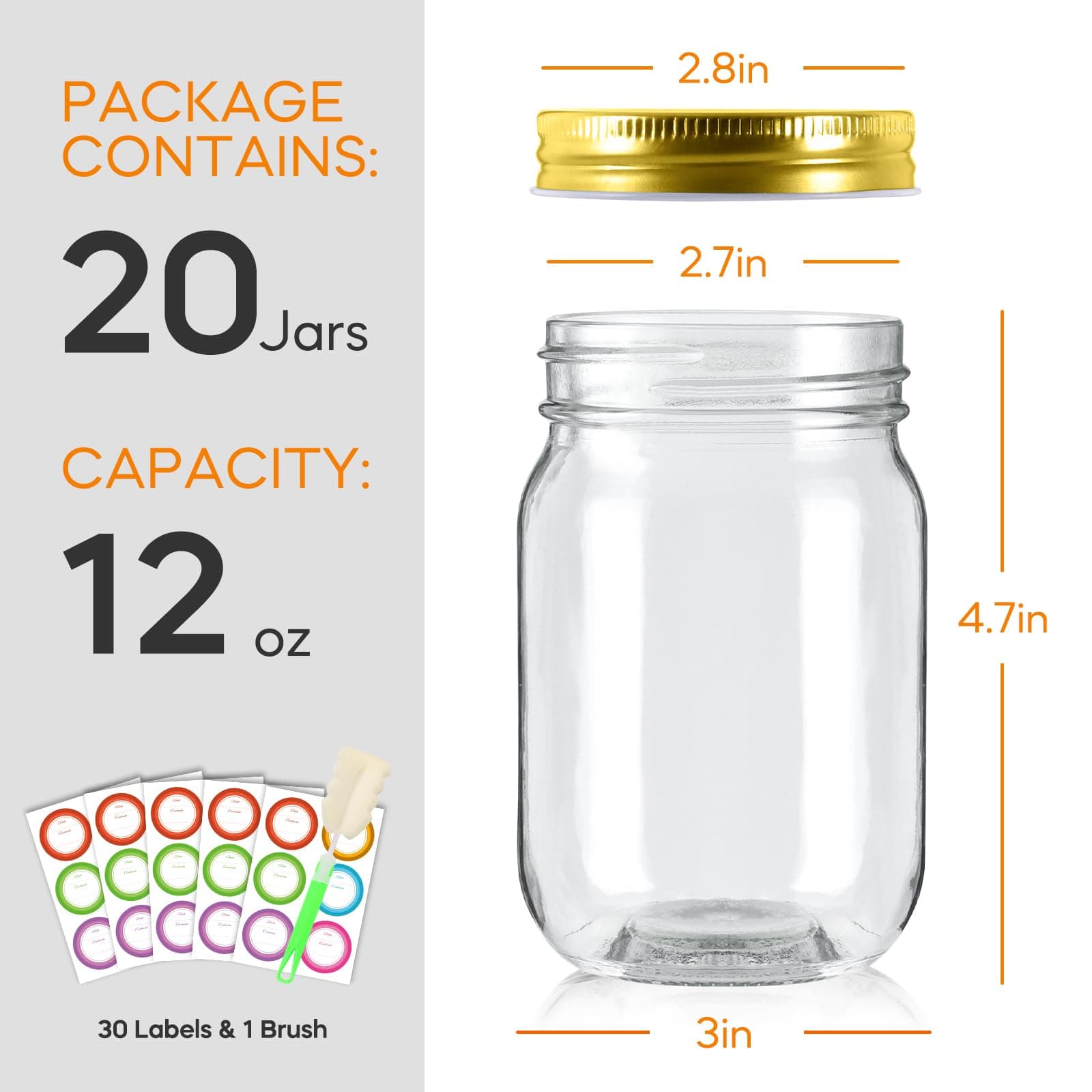 Mcupper 20 Pack 12 oz Mason Jars with Gold Lids, Regular Mouth Glass Canning Jar - Thumbnail 2
