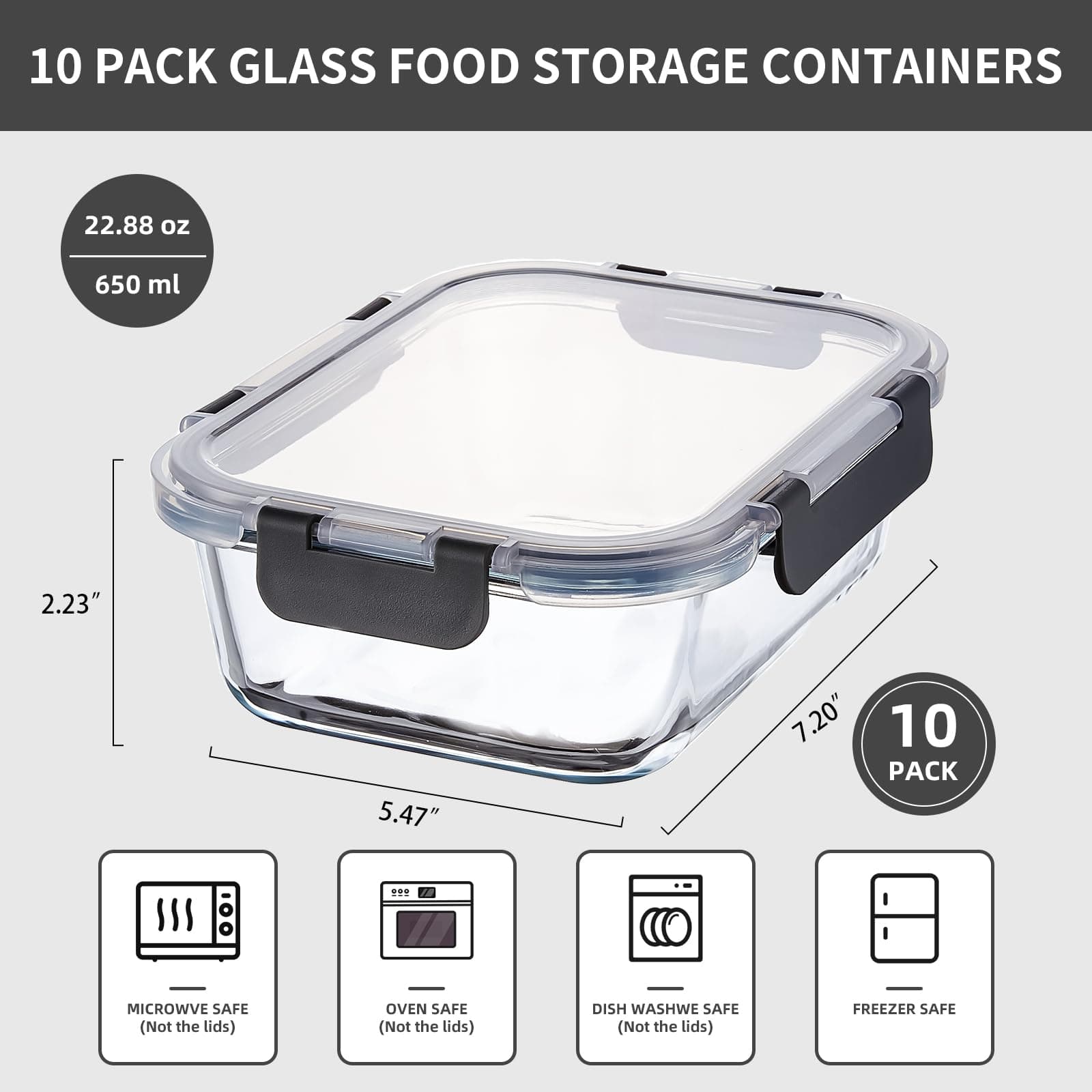 Wancilock 10 Pack 22 oz Glass Meal Prep Containers Airtight Leakproof Food Stora - Thumbnail 2