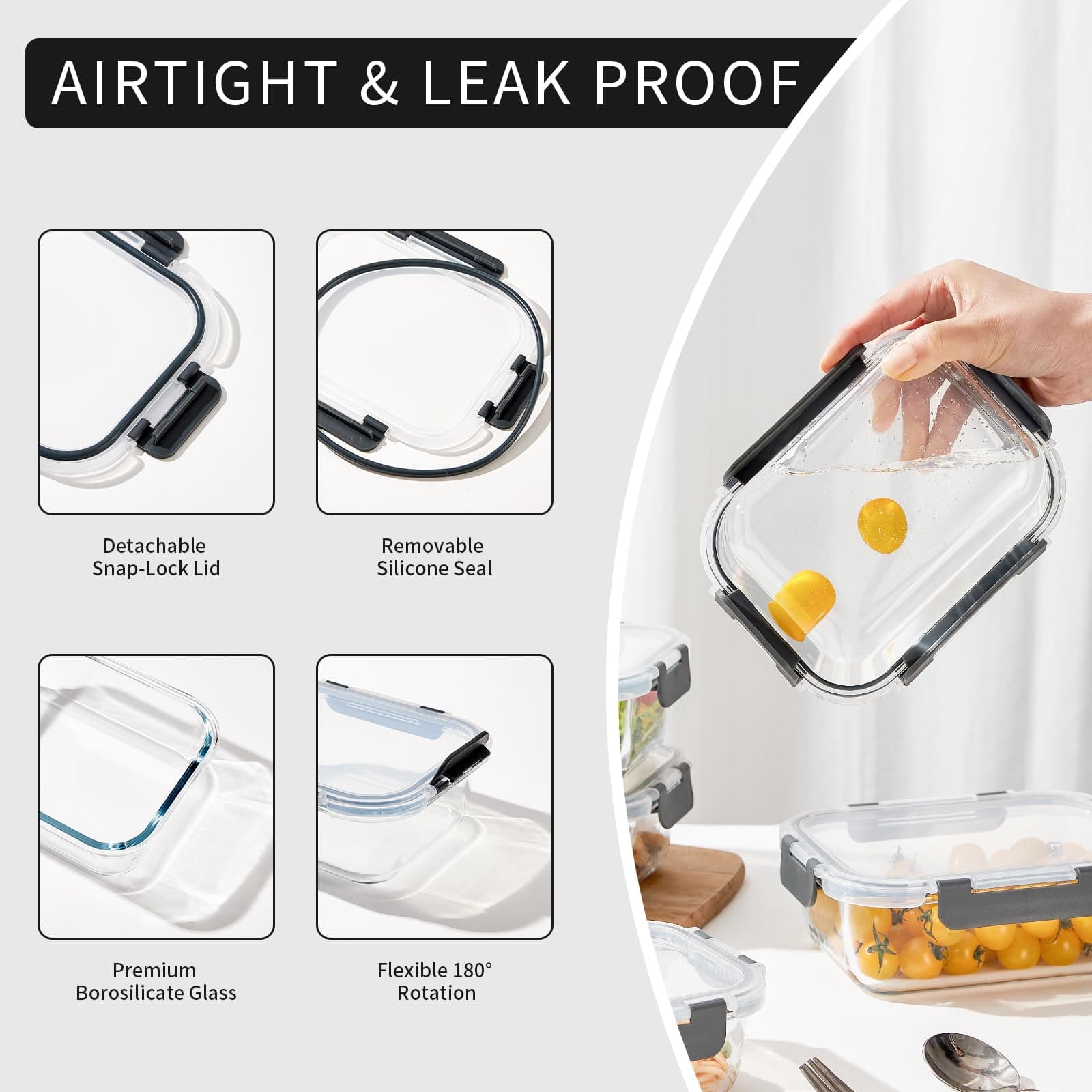 Wancilock 10 Pack 22 oz Glass Meal Prep Containers Airtight Leakproof Food Stora - Thumbnail 3