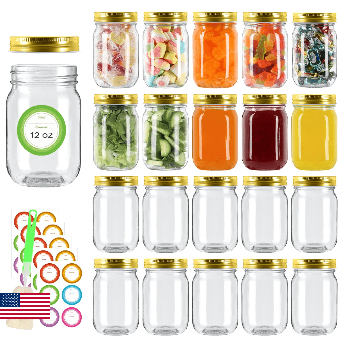 Mcupper 20 Pack 12 oz Mason Jars with Gold Lids, Regular Mouth Glass Canning Jar - Image 1