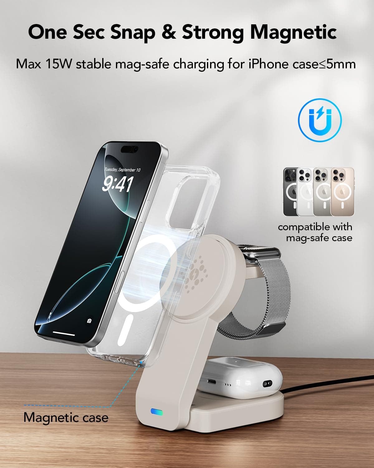 3 in 1 Wireless Charging Station Compatible with Apple,Foldable Magnetic Wireles - Thumbnail 4