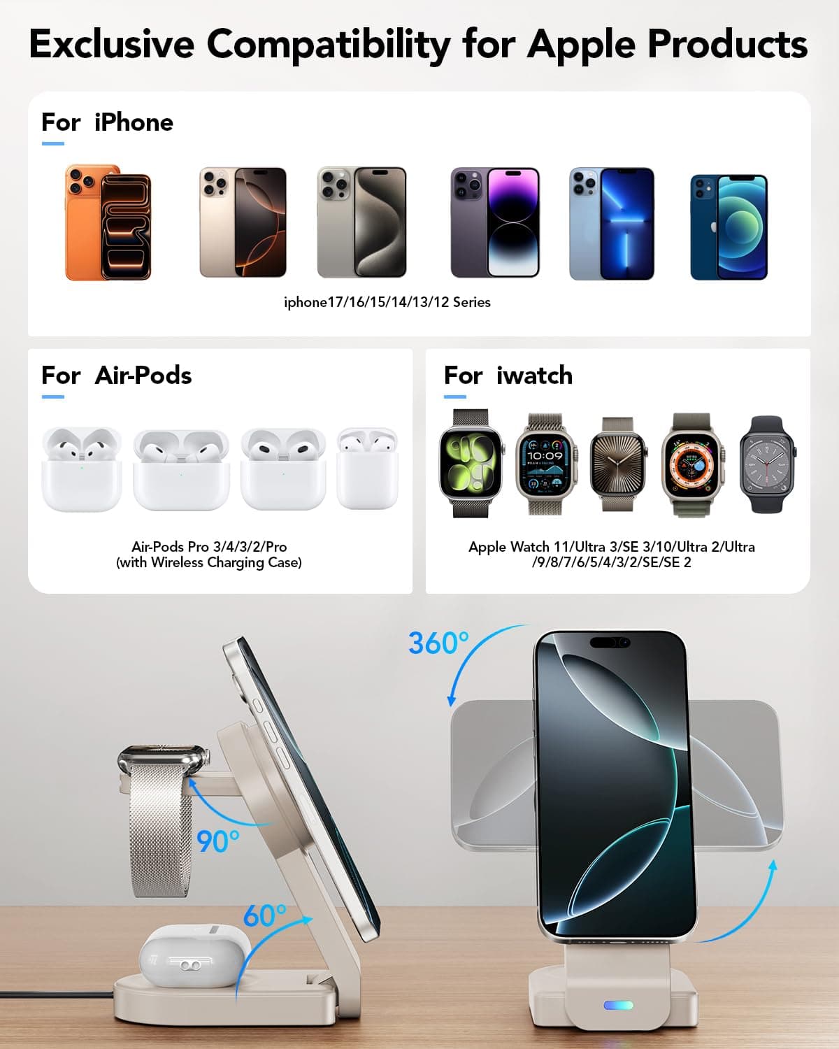 3 in 1 Wireless Charging Station Compatible with Apple,Foldable Magnetic Wireles - Thumbnail 2