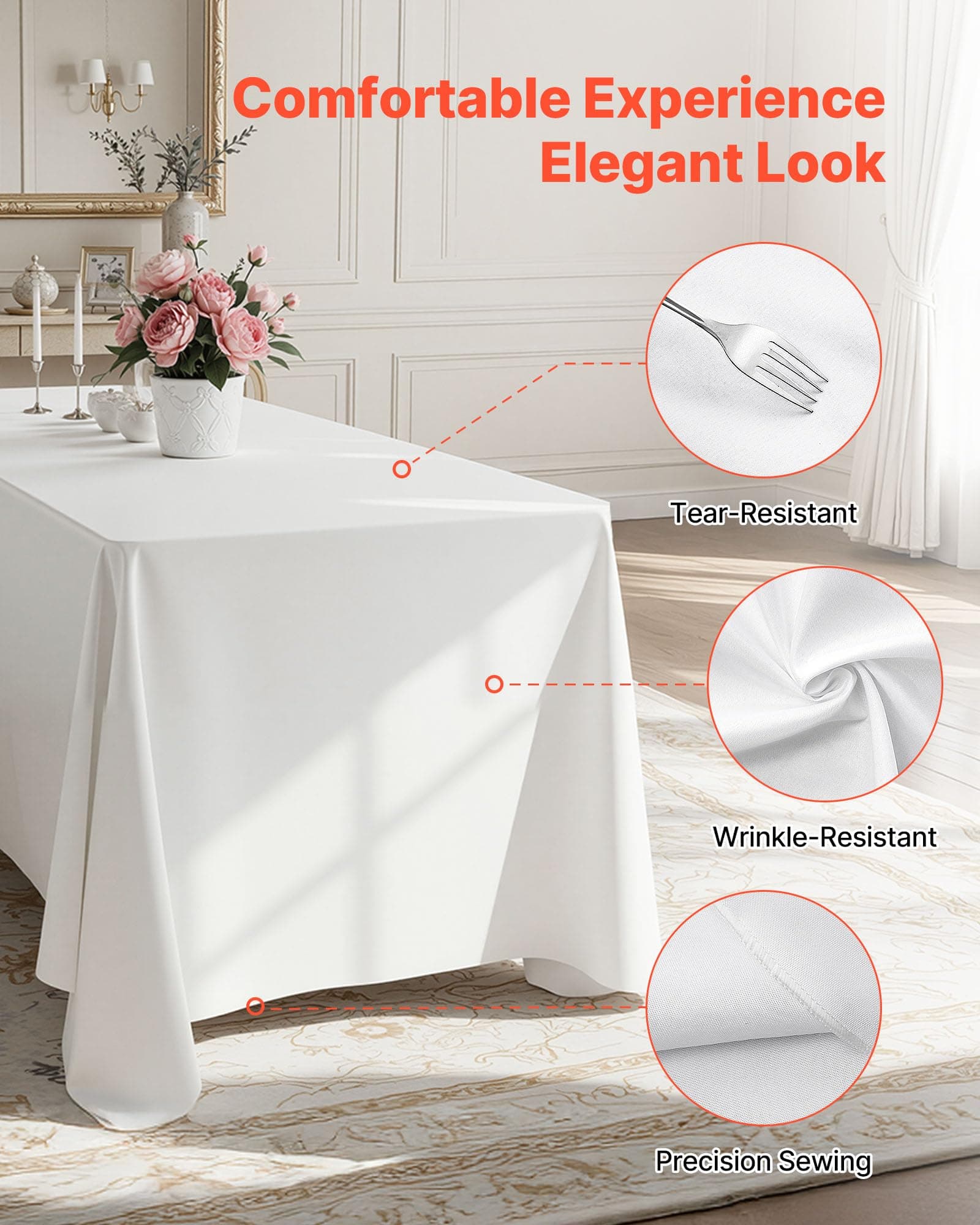 Vevor White Tablecloths for Rectangle Tables, 6 Pack, 60 x 102 Inches, Reusable - Thumbnail 3