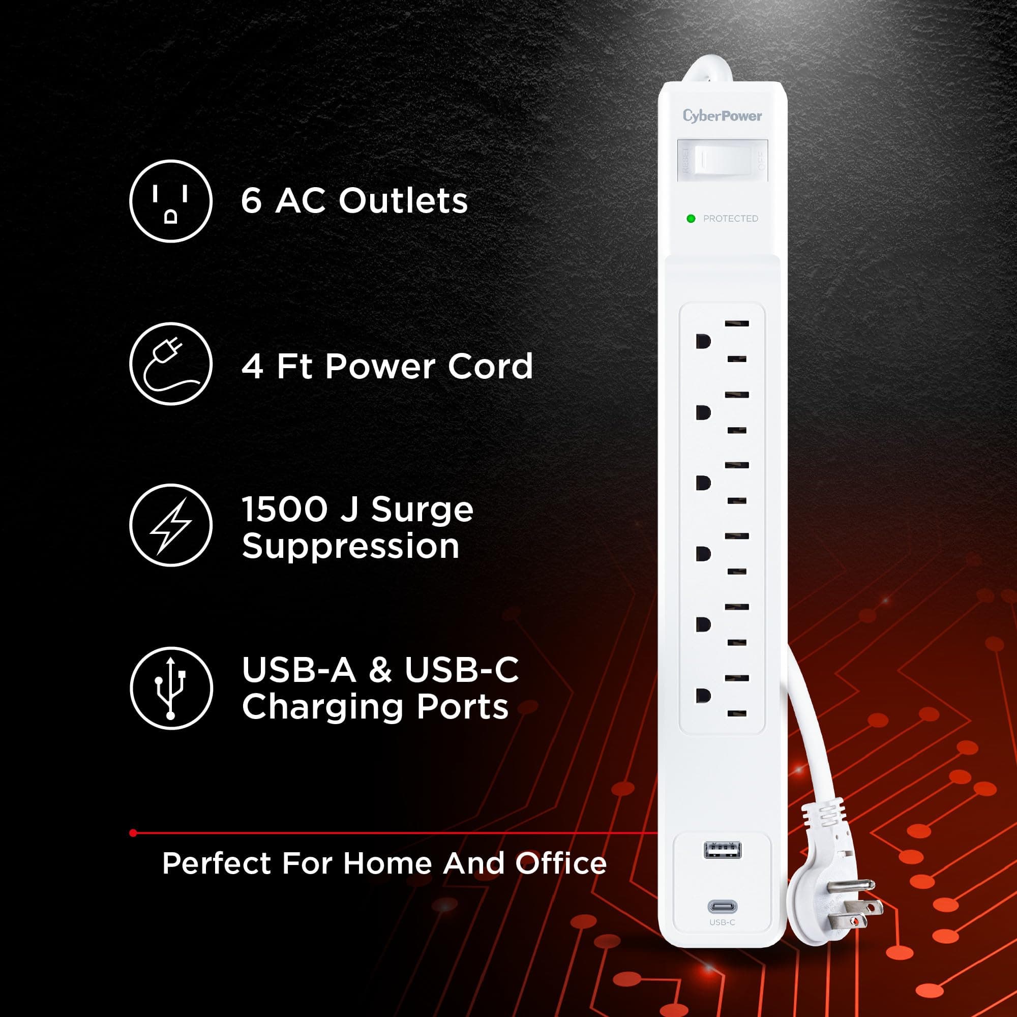 CyberPower CSP604UCW Surge Protector, 1500J, 6 Outlets, 1 USB-A, 1 USB-C, 4 Foot - Thumbnail 3