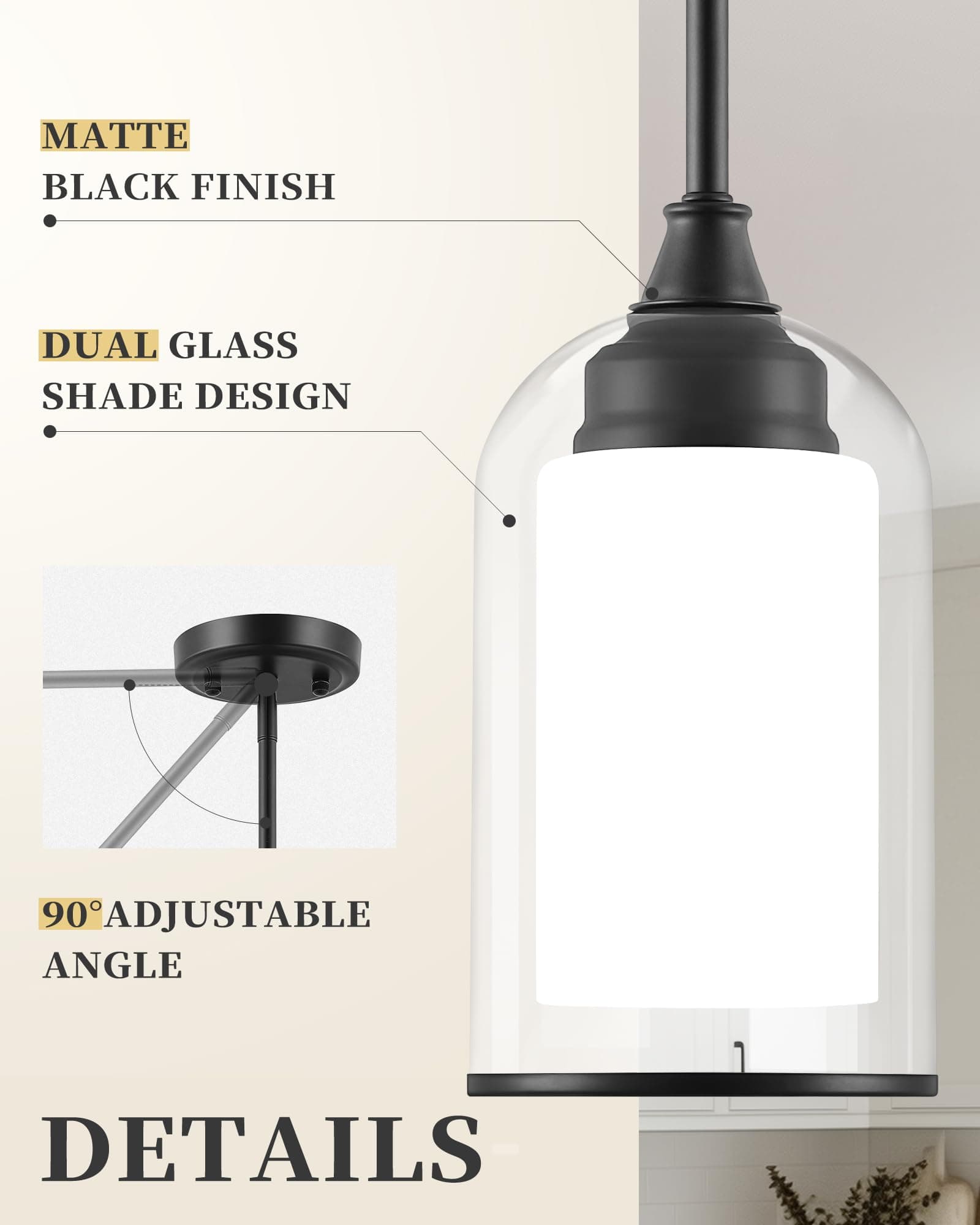 LIROUVET Black Pendant Light Fixtures - Dual Glass Hanging Light, 1-Light Pendan - Thumbnail 2