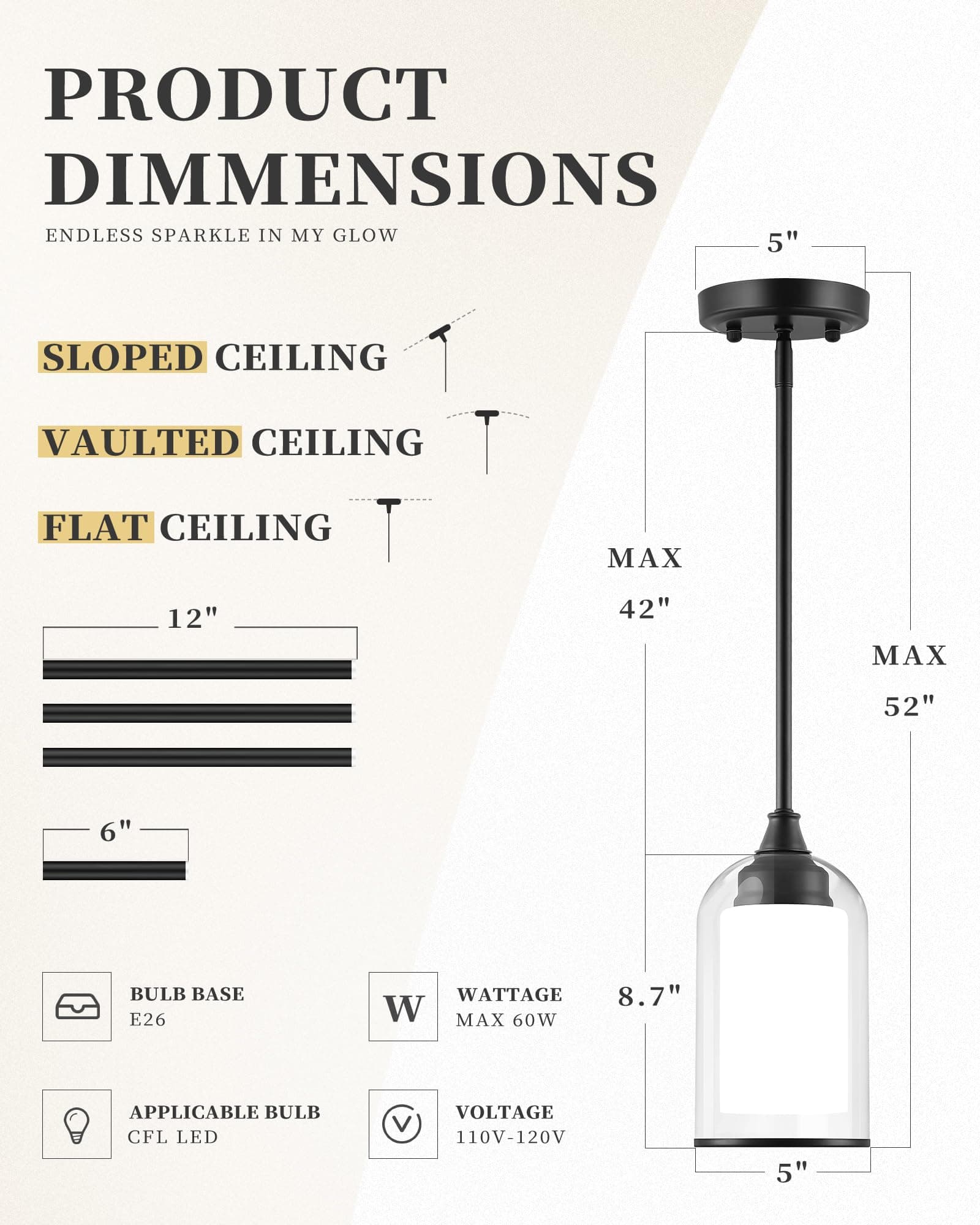 LIROUVET Black Pendant Light Fixtures - Dual Glass Hanging Light, 1-Light Pendan - Thumbnail 4