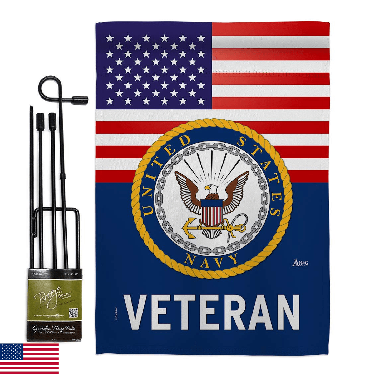 US Navy Veteran Garden Flag - Set with Stand Armed Forces USN Seabee United Stat - Image 1
