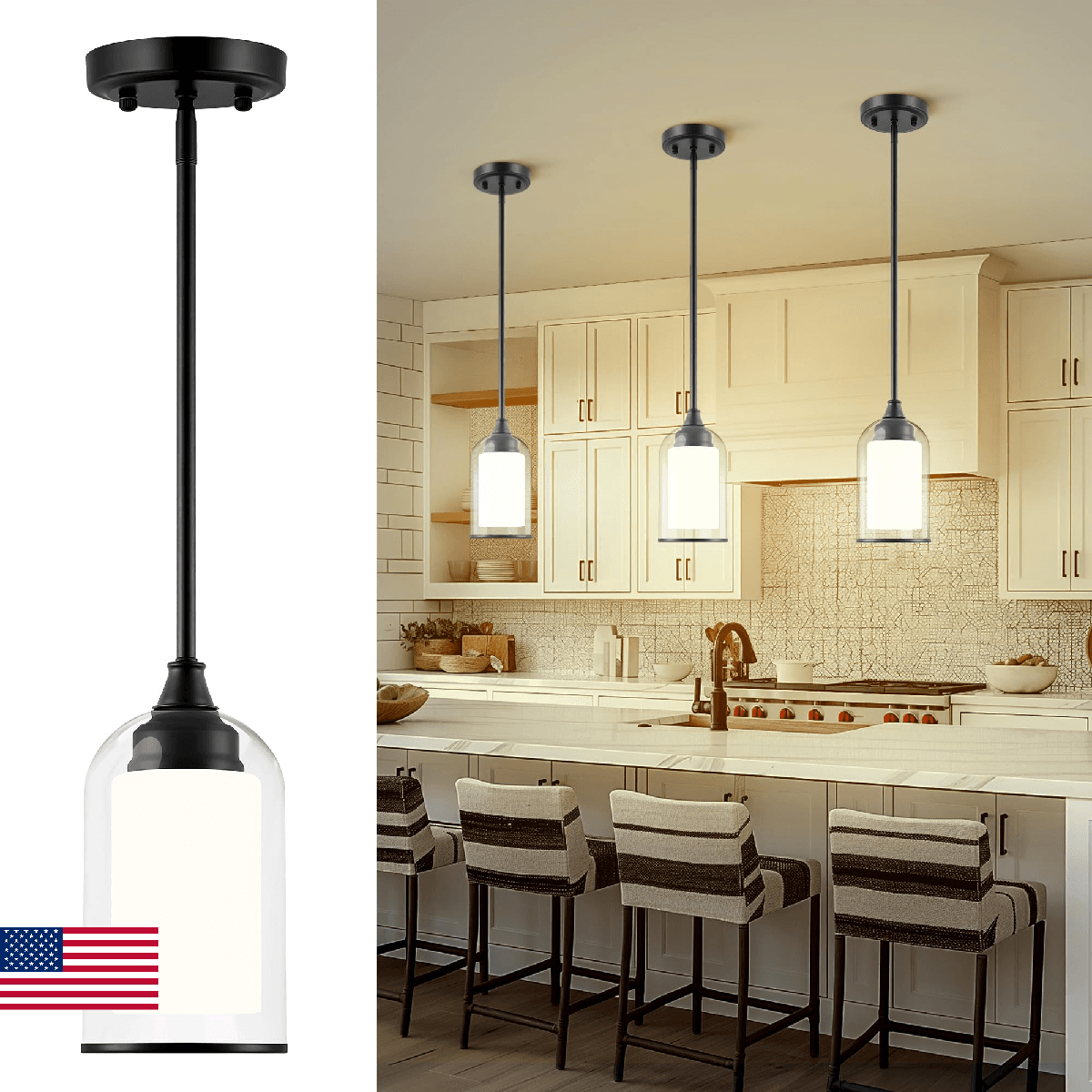 LIROUVET Black Pendant Light Fixtures - Dual Glass Hanging Light, 1-Light Pendan - Image 1