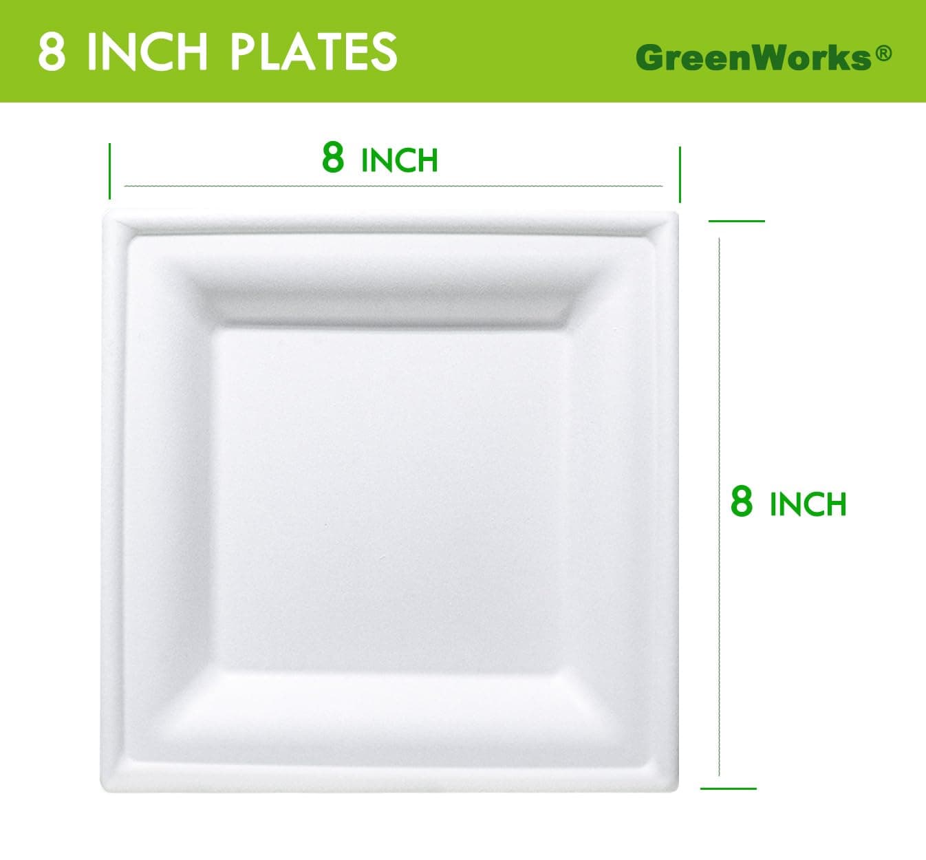 GreenWorks 100 Count 8 Inch Square Compostable Plates, Heavy Duty Bagasse and Ba - Thumbnail 3