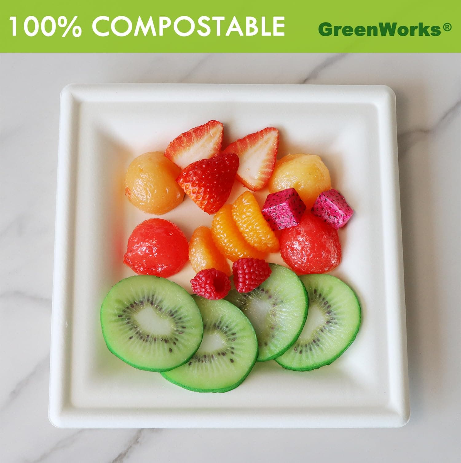 GreenWorks 100 Count 8 Inch Square Compostable Plates, Heavy Duty Bagasse and Ba - Thumbnail 2