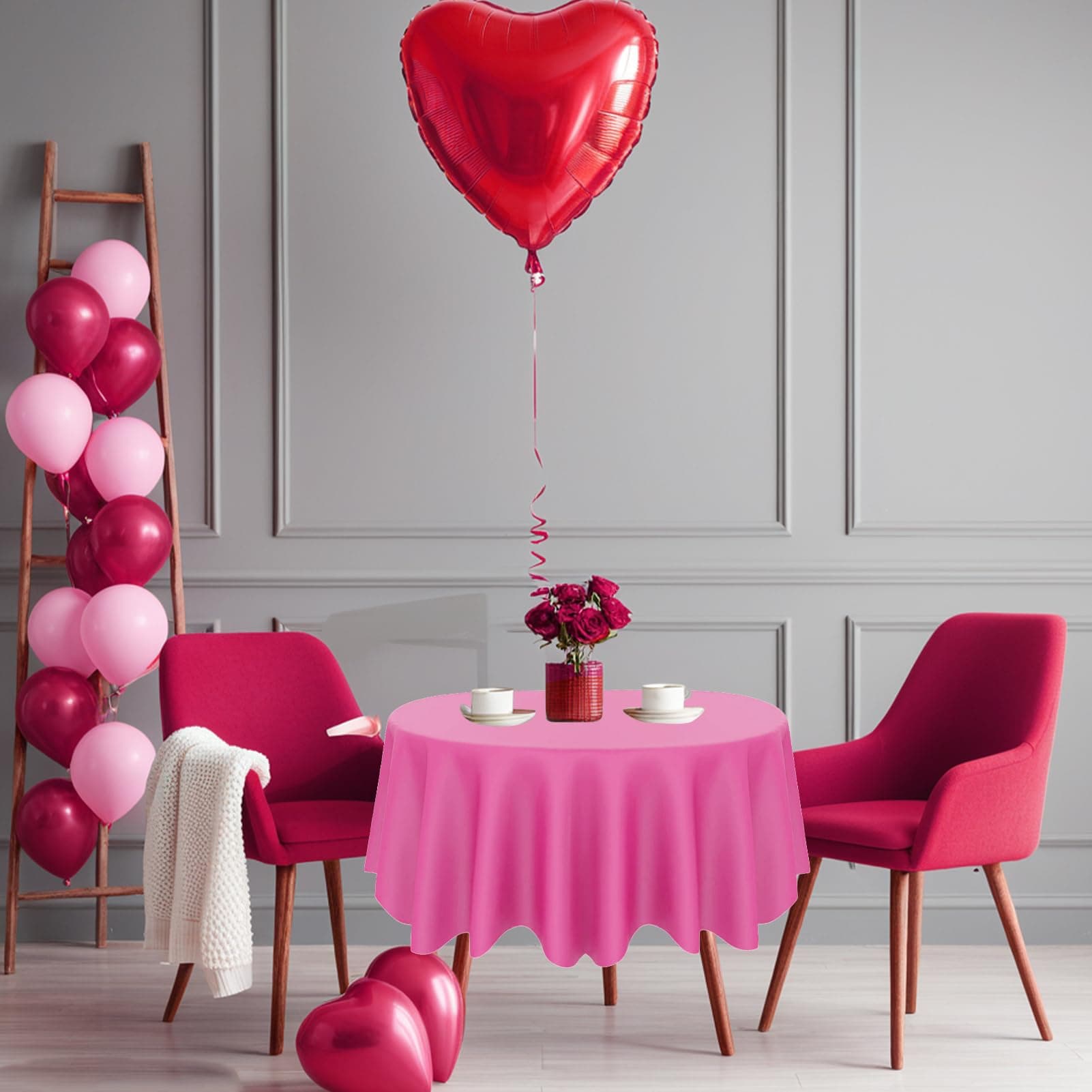 CIEOVO 12 Pcs Valentine's Day Plastic Tablecloths, Disposable Round Red Pink Tab - Thumbnail 4
