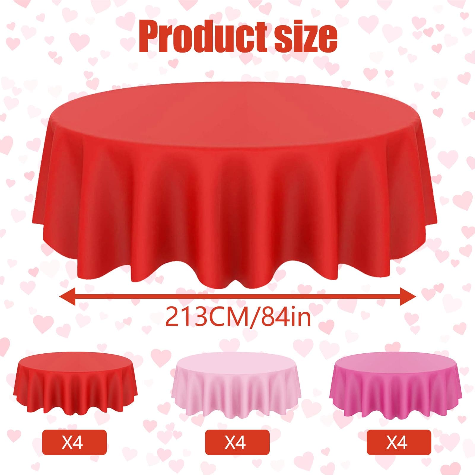 CIEOVO 12 Pcs Valentine's Day Plastic Tablecloths, Disposable Round Red Pink Tab - Thumbnail 2