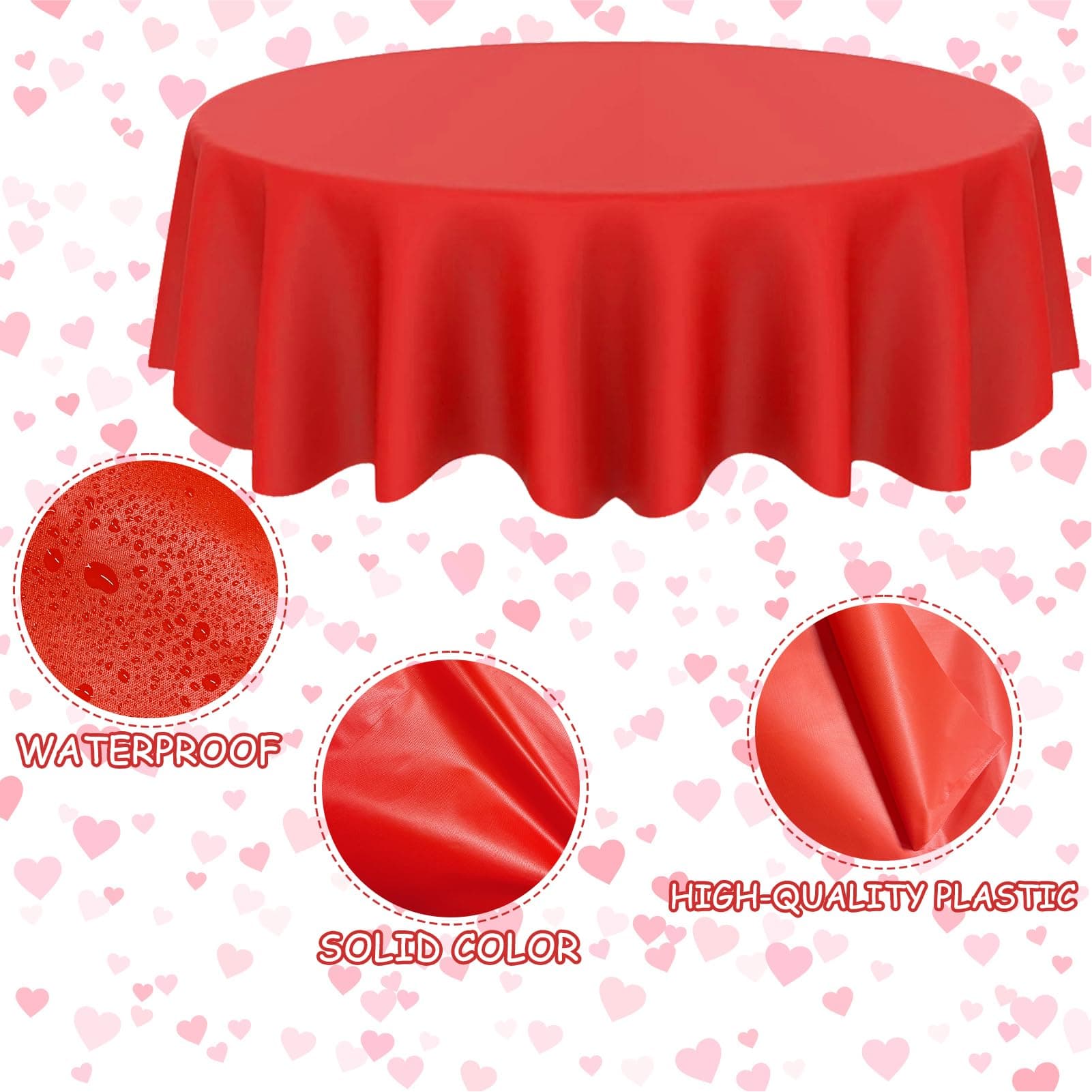 CIEOVO 12 Pcs Valentine's Day Plastic Tablecloths, Disposable Round Red Pink Tab - Thumbnail 3