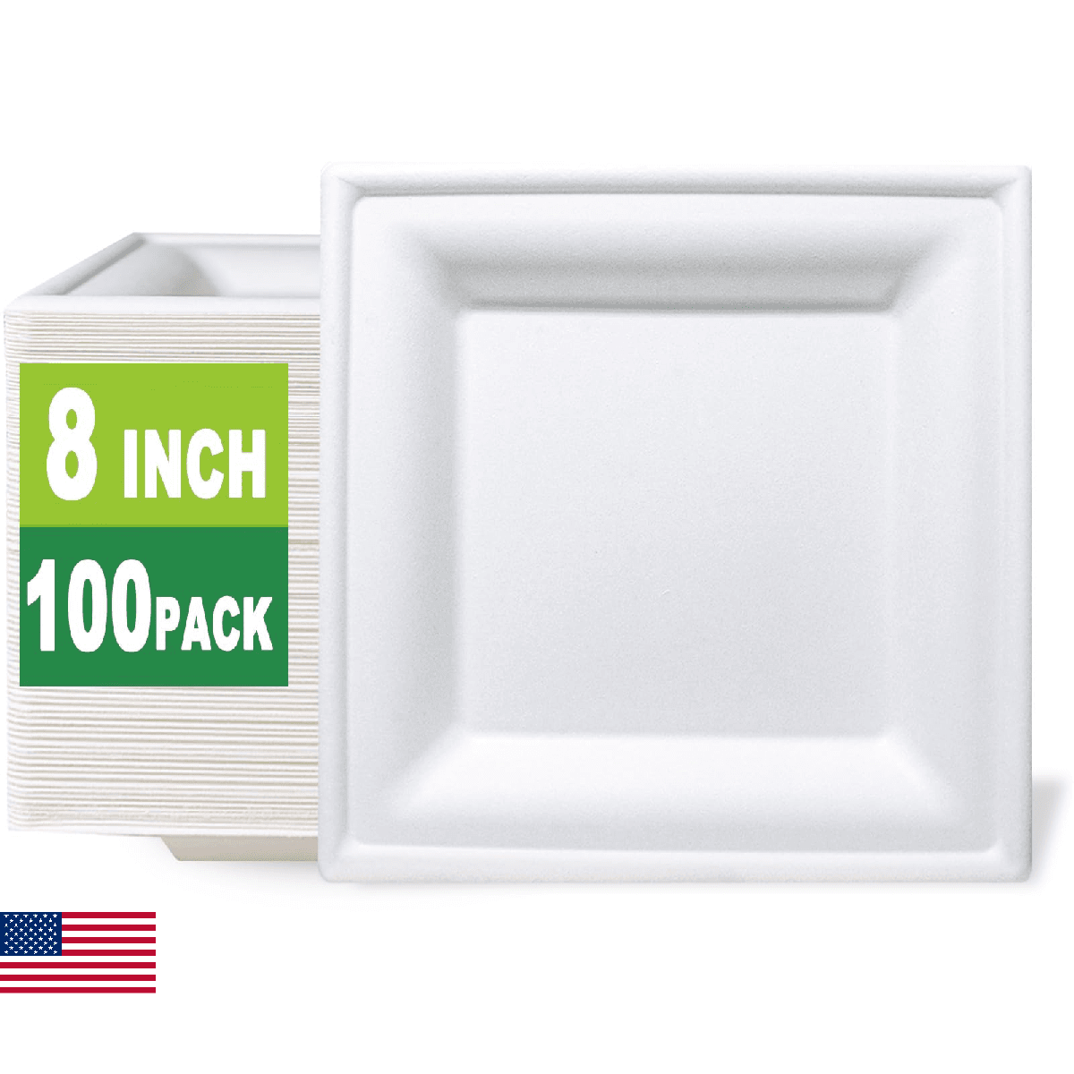 GreenWorks 100 Count 8 Inch Square Compostable Plates, Heavy Duty Bagasse and Ba - Image 1